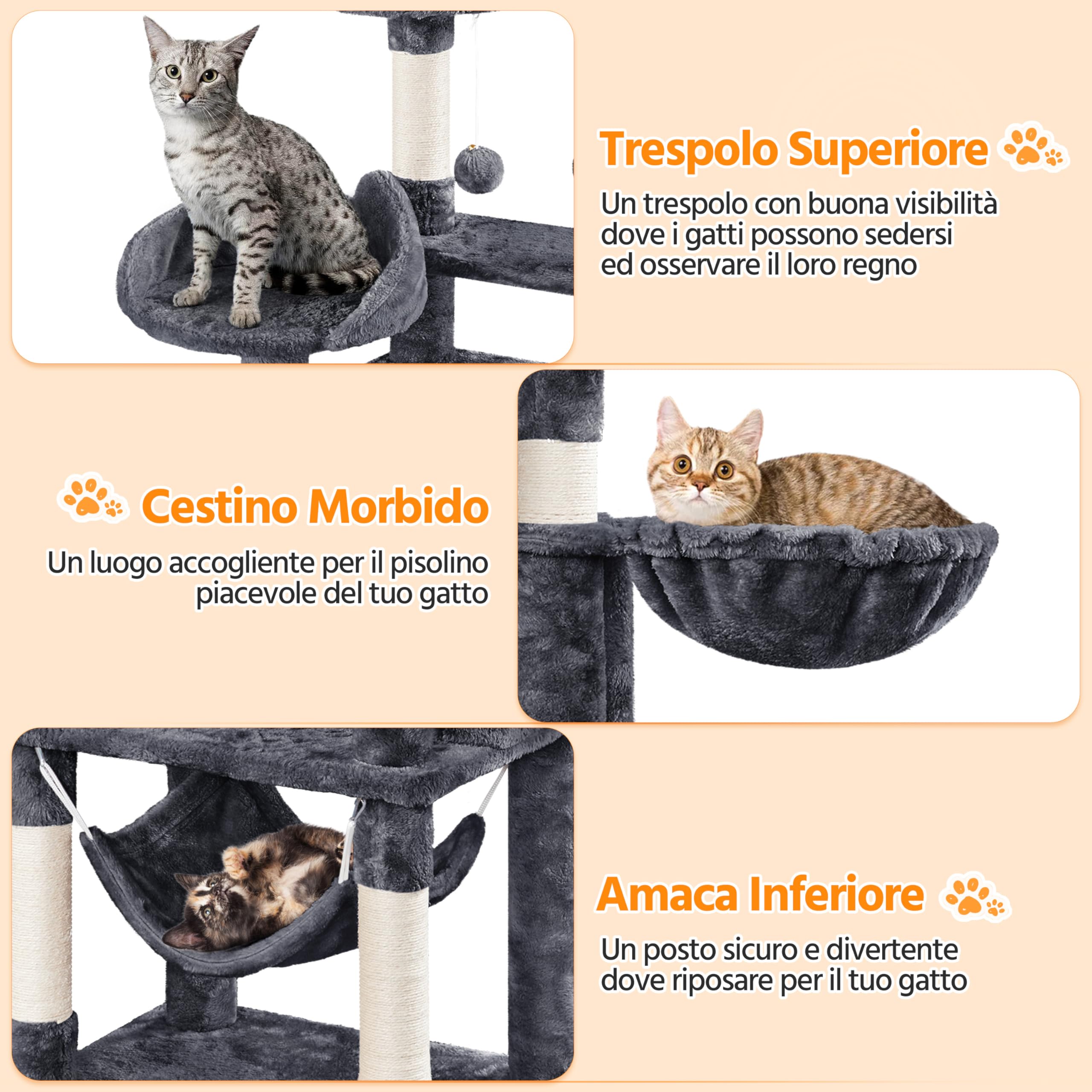 Yaheetech Albero Tiragraffi per Gatti 170 cm in Truciolato e Sisal con Posatoio Palla da Gioco Condomini Grigio Scuro