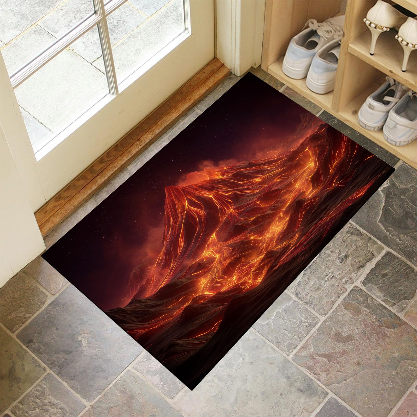 Tapis entrée intérieur 90x150cm rouge style lave de montagne antidérapant