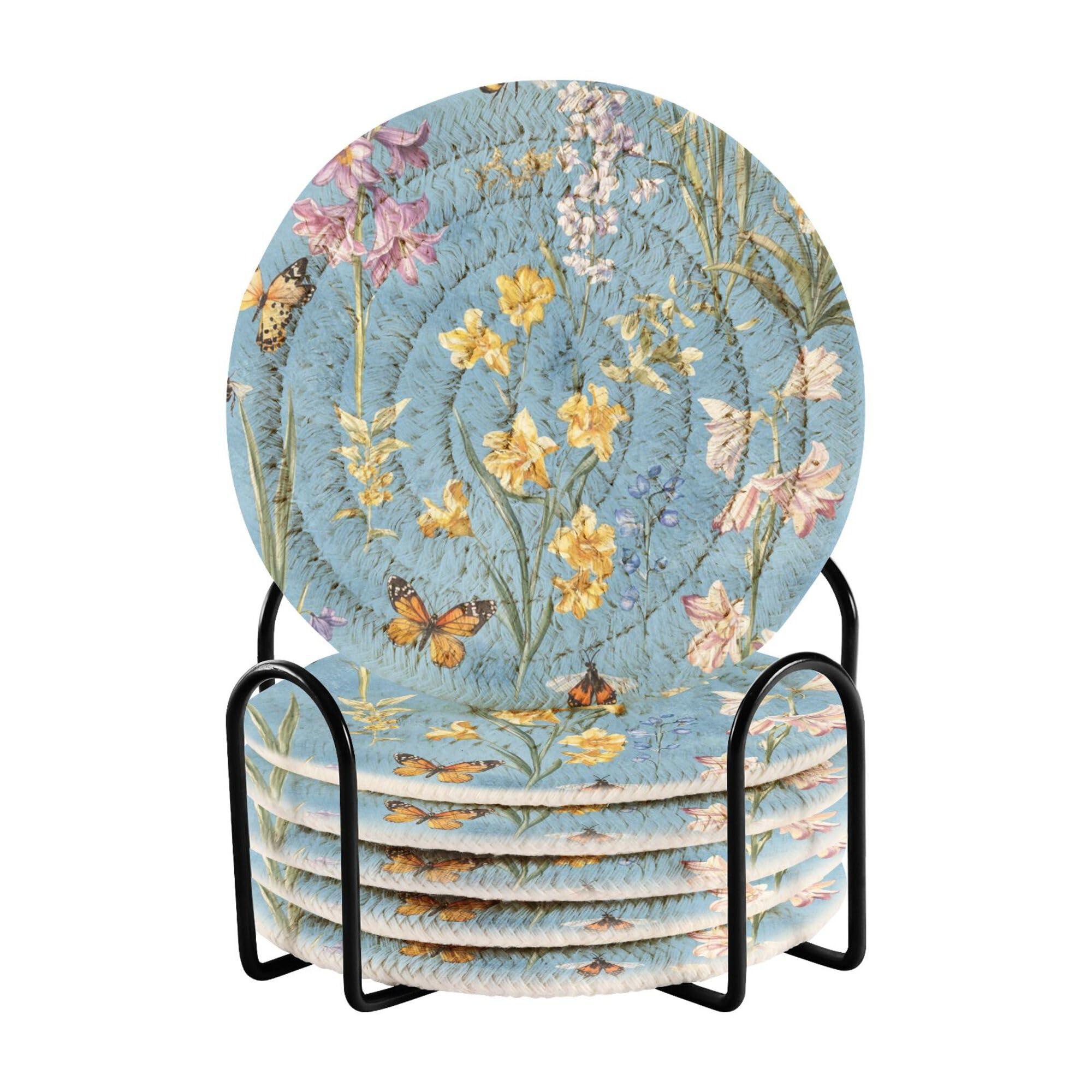 Flowers Hyacinths Butterflies Blue Cotton Rope Drink Coasters Absorbent Set with Holder 6 Pack Home Coasters
