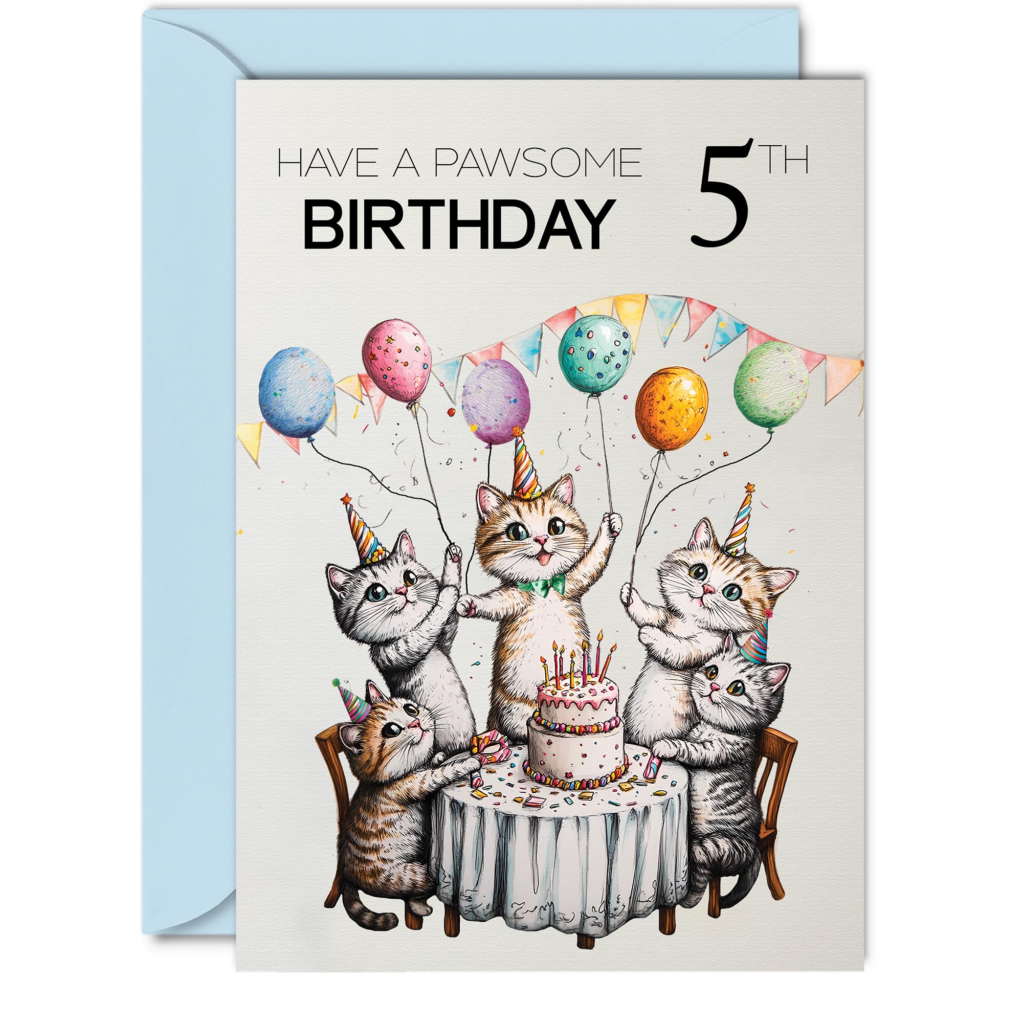 5th Birthday Card for Girls Boys - Pawsome Party Cats Balloons - Happy Birthday Cards for 5 Year Old Girl Boy, A5 Cat Bday Greeting Cards