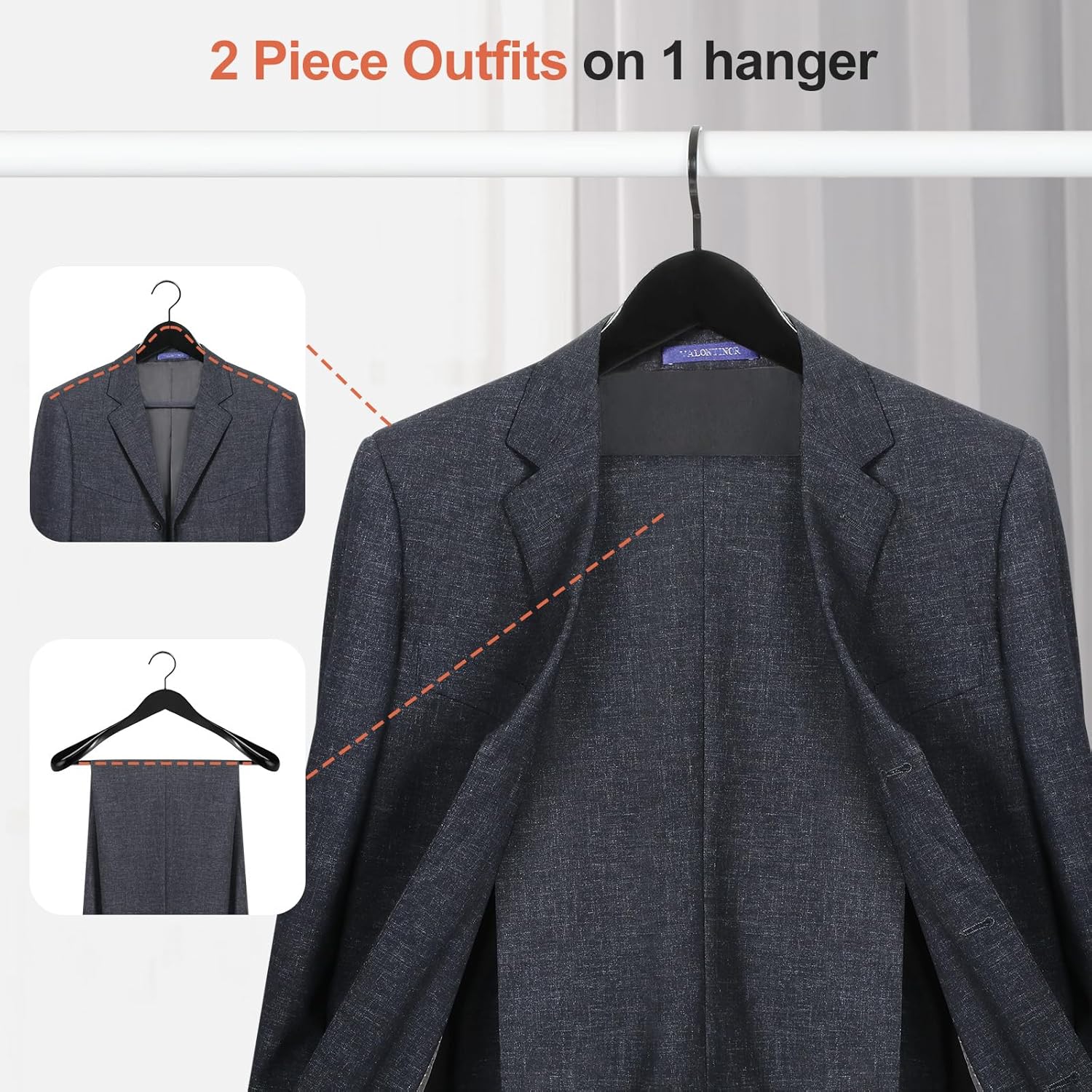 TOPIA HANGER Black Wooden Coat Hanger 6 Pack, Wide Shoulder Wood Suit Hangers with Extra-Thick Flat Hooks & Anti-Slip Pants Bar, Heavy Duty Clothes Hangers,Glossy Finish, Black-CT02H