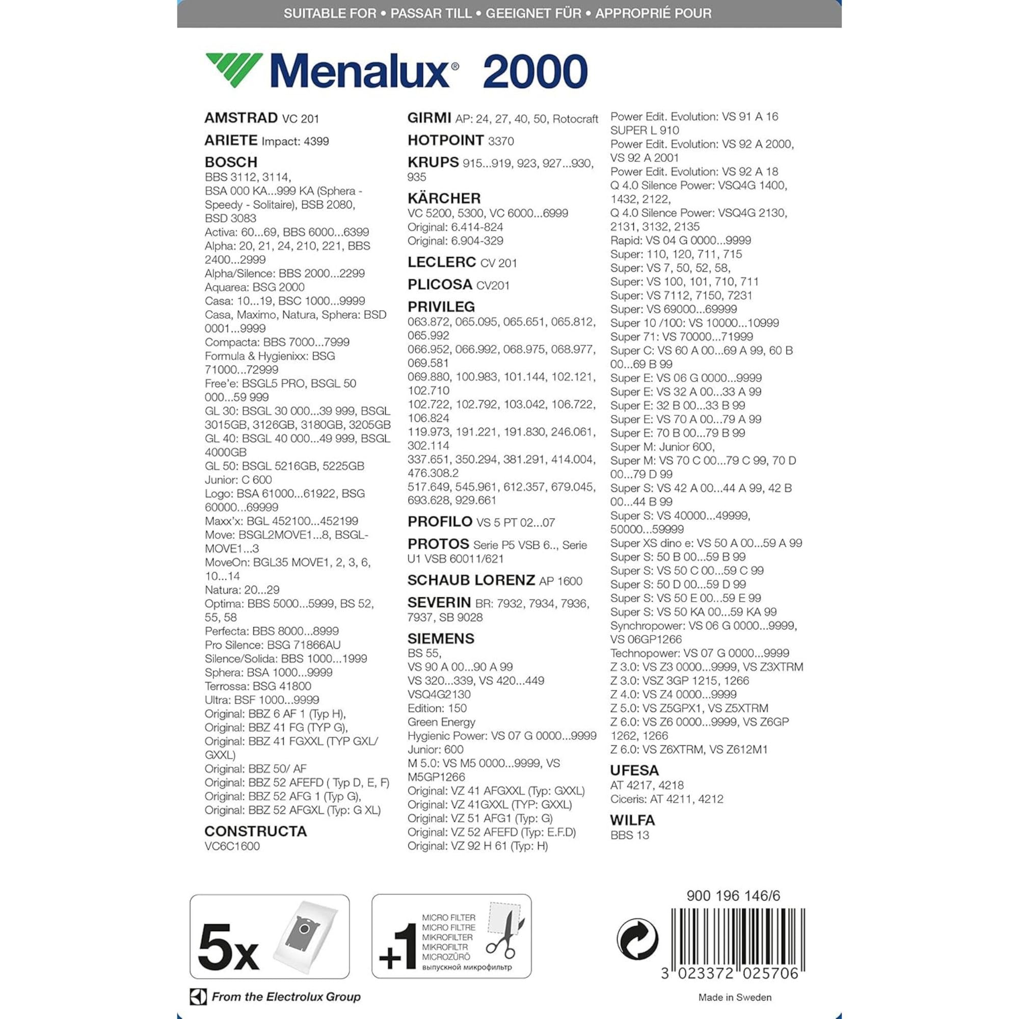 Menalux Lot de 5 Sacs Aspirateur 2000 1 Micro Filtre Inclus - 4