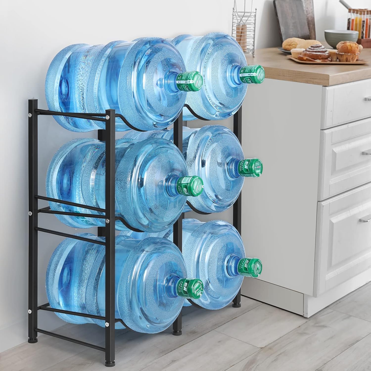 LIANTRAL 5 Gallon Water Bottle Holder, 3 Tiers Black Double Row Heavy Duty Water Cooler Jug Rack, Water Rack with 6 Slots for Home Kitchen