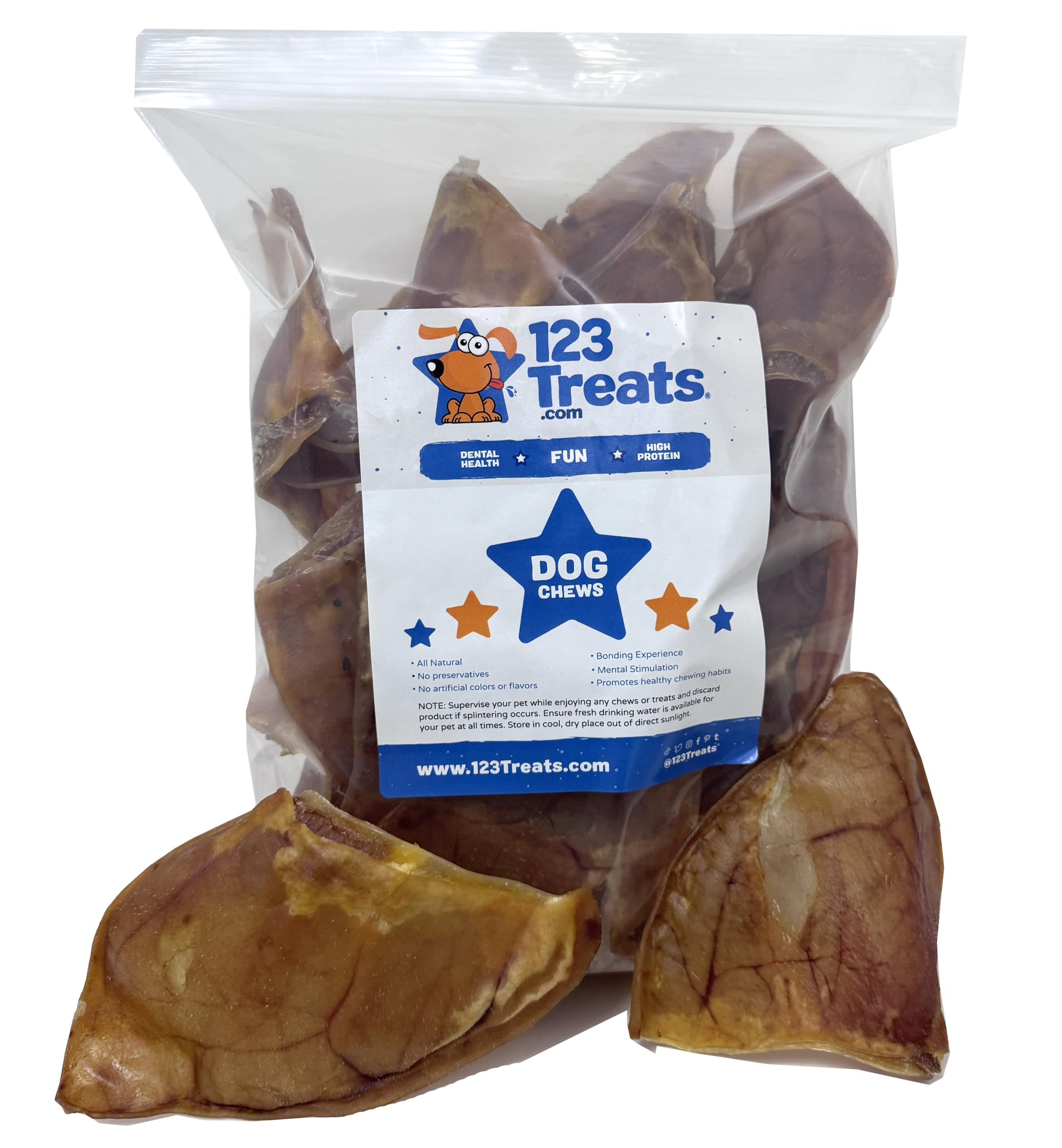 123 Treats Pig Ears for Dogs - (12 Count) 100% Natural, Long Lasting & Highly Digestible Chew Treats, Single Ingredient, Slow Baked, Great for Puppy,