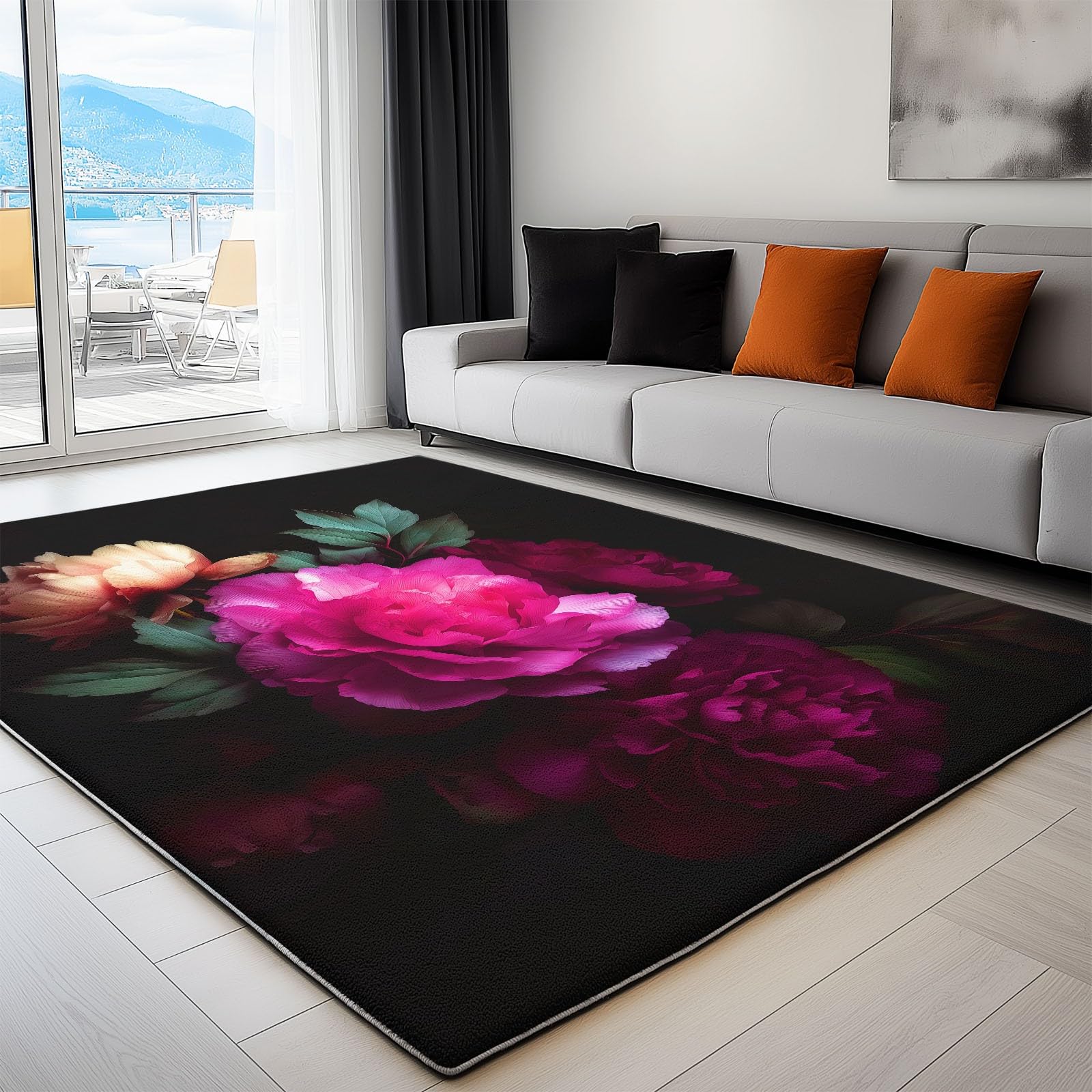 Tapis en flanelle 120x180 cm noir à motif pivoine floral pour salon