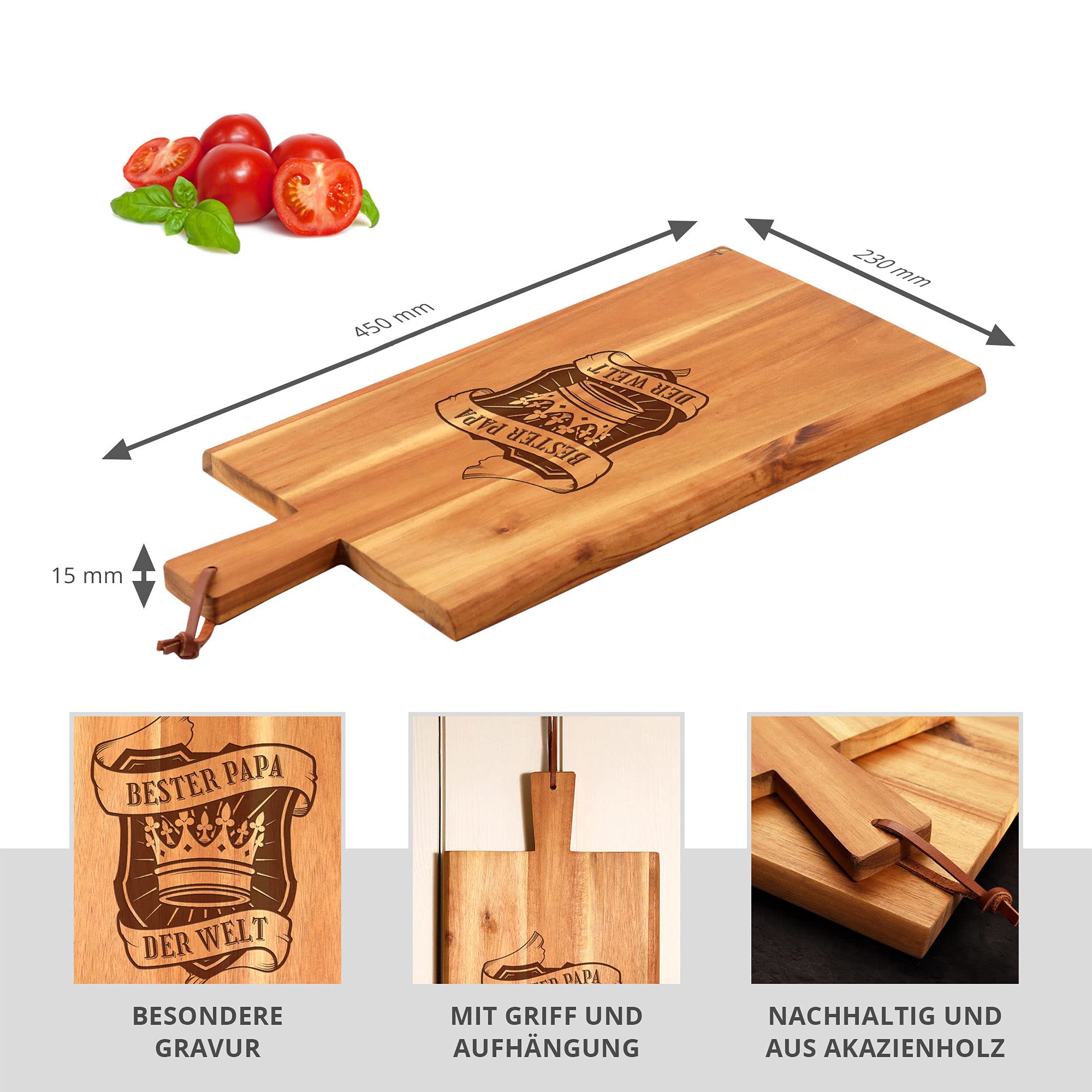 Schneidebrett aus Holz mit Griff und Lederband, Gravur Bester Papa der Welt, Küchenbrett als Geschenkidee zum Vatertag, Geburtstagsgeschenk für Männer