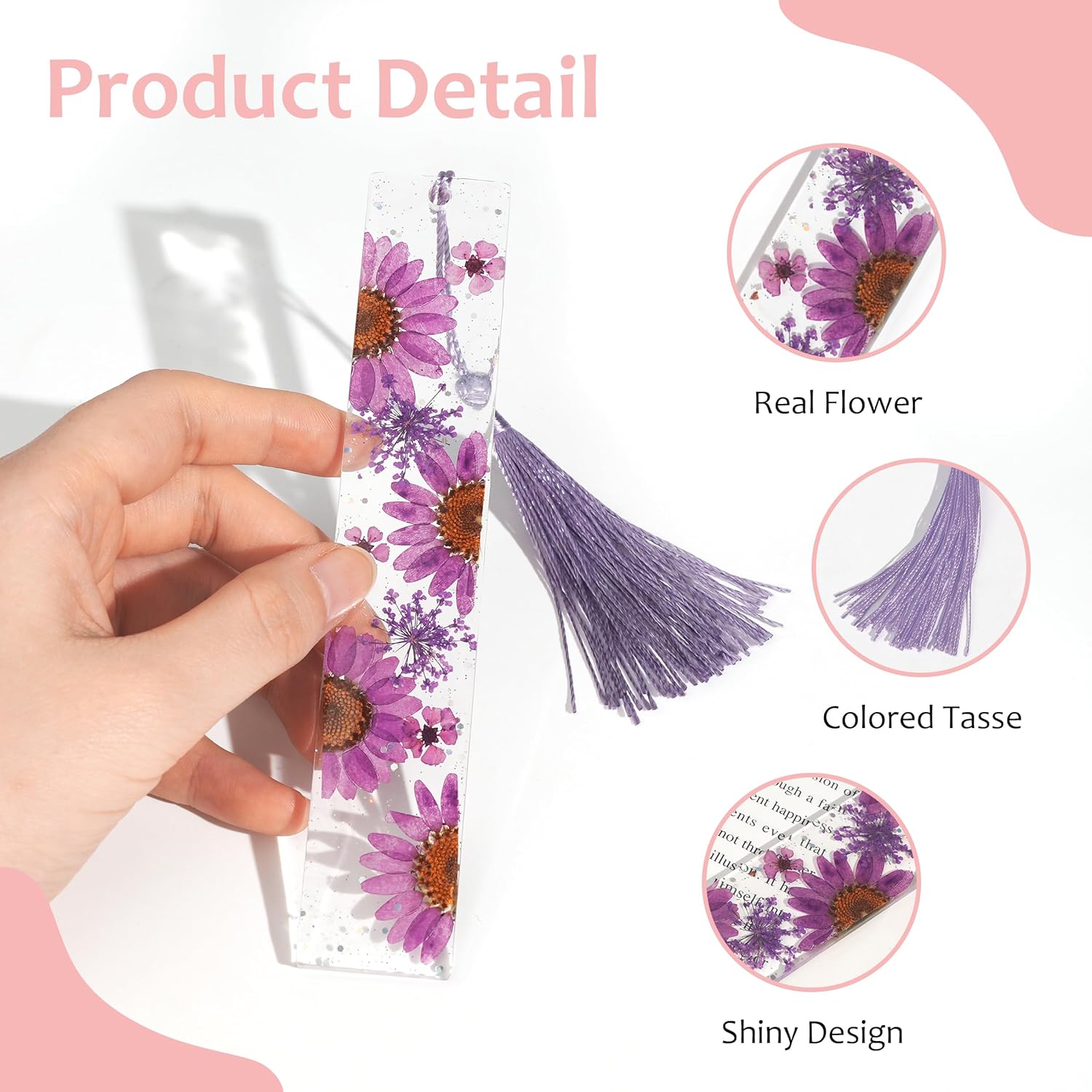 4pcs Dried Flower Bookmarks Handmade Transparent Bookmarks with Tassels - Image 3