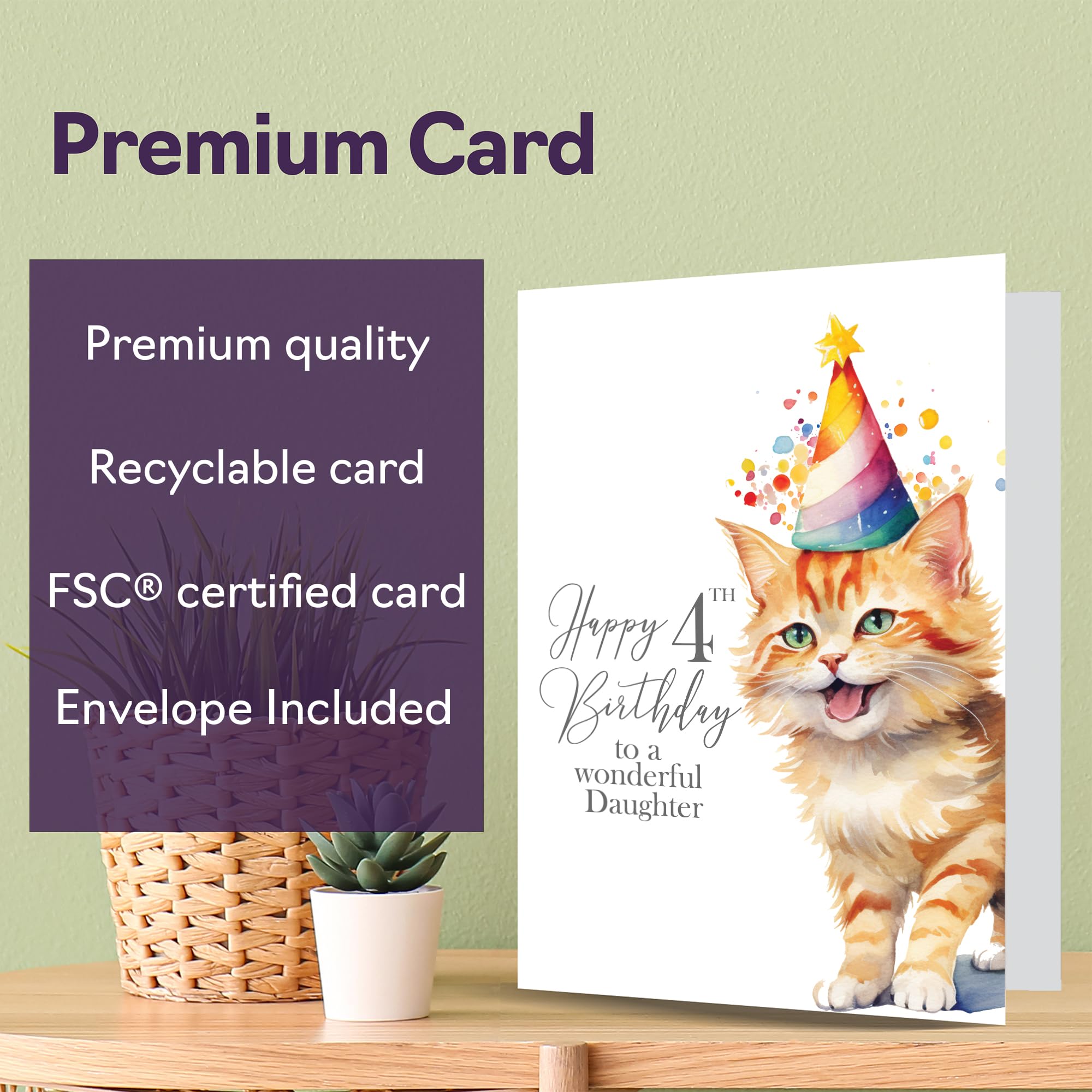 Biglietto di auguri per il 4° compleanno per figlia, con gatto e gattino, biglietto di auguri per figlia di 4 anni da papà mamma, formato A5, per ragazze, ragazze, bambini, regalo di