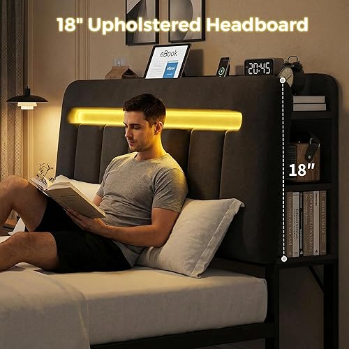 Miniatura 4 de Base de cama Queen con cabecera de almacenamiento, marco de cama negro tapizado tamaño Queen con cajones de almacenamiento y estación de carga, cama