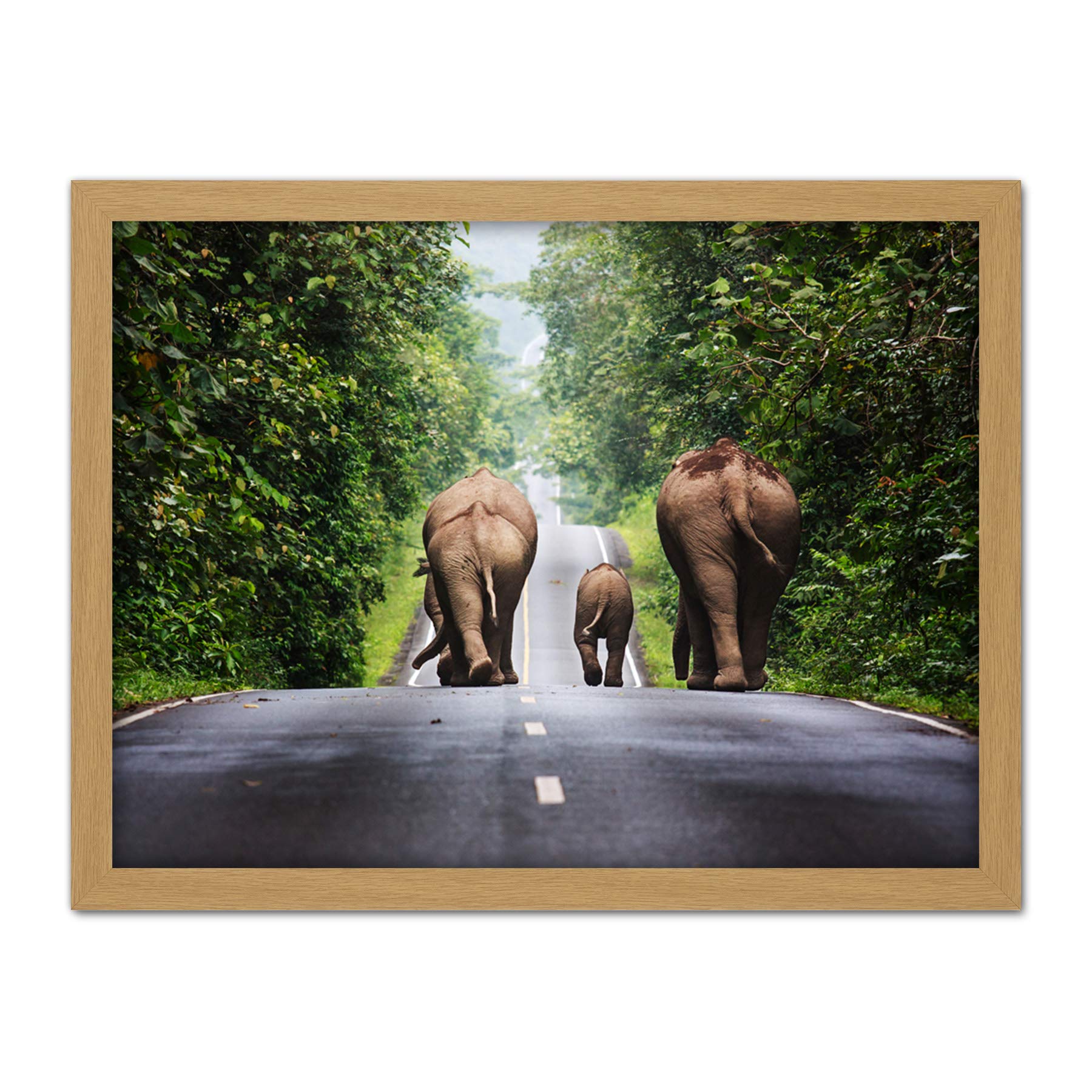 Khunkay Wild Elephants Road Forest Thailand Photo Artwork Framed Wall Art Print 18X24 Inch