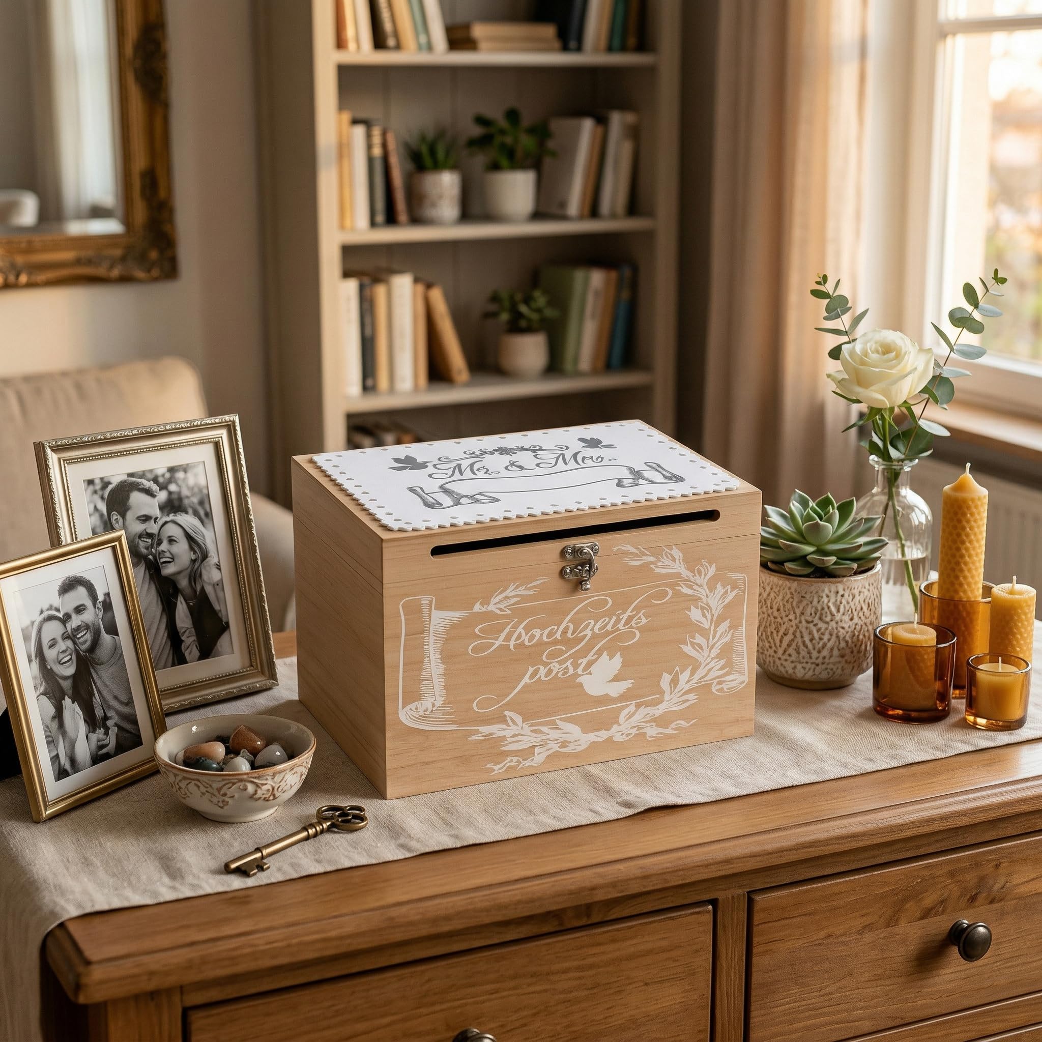 MIJOMA Hochzeitsbriefkasten aus Holz – Kartenbox für Geldgeschenke & Glückwünsche – Hochzeitspost Box mit Schlitz & Schloss – Dekoration & Erinnerungsbox für das Brautpaar