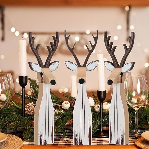 Miniatura 3 de Syhood 3 piezas de decoración navideña para interiores, letrero de mesa de renos de madera, decoración rústica de mesa de Navidad para decoración de