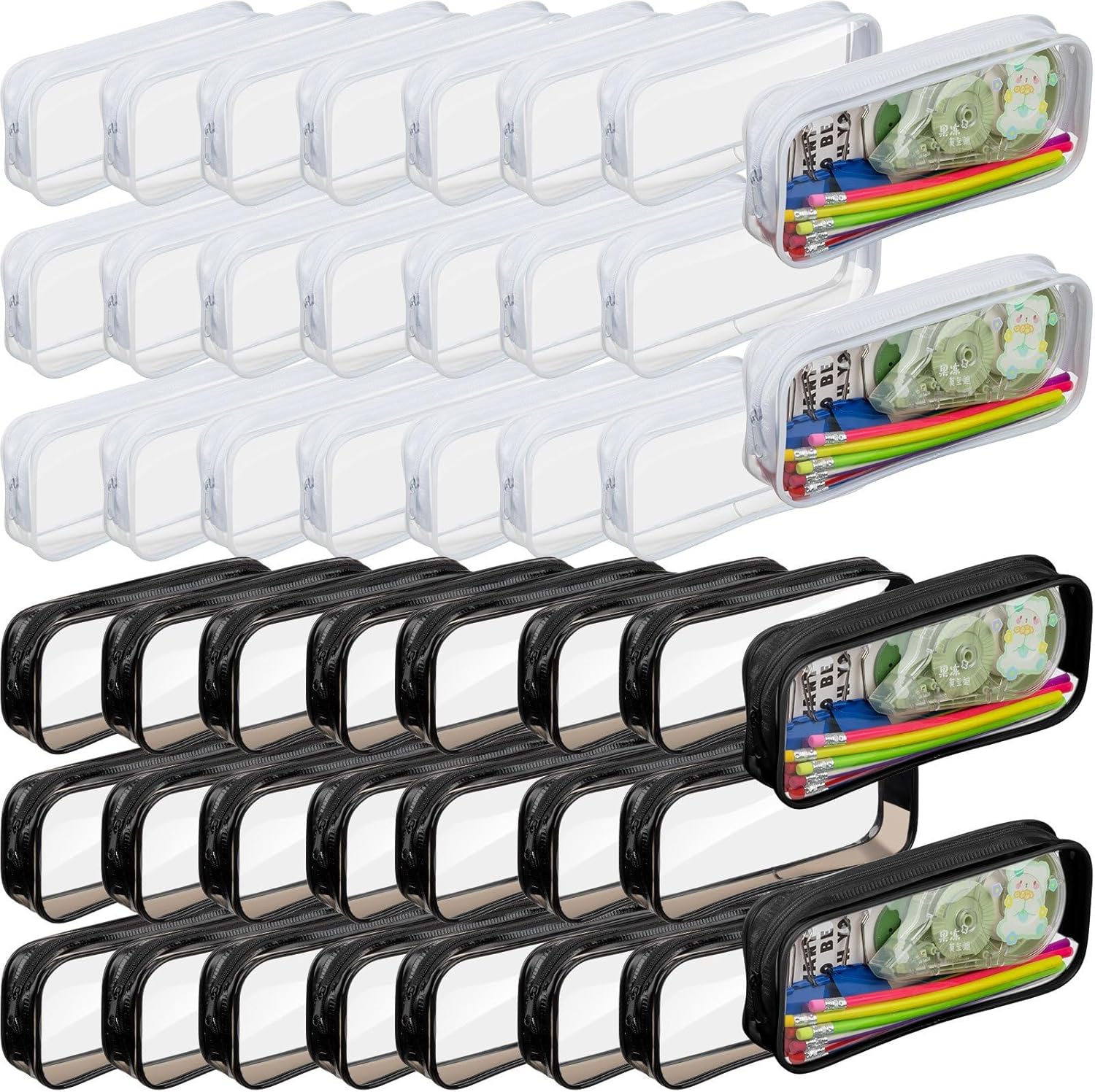 Fainne 50 Pcs Clear Pencil Pouch Bulk Clear Pencil Case Bag 7.87x 1.38 Inch PVC Waterproof Travel Toiletry Makeup Zipper Pouches for Office Stationery Travel Storage(Black, White)