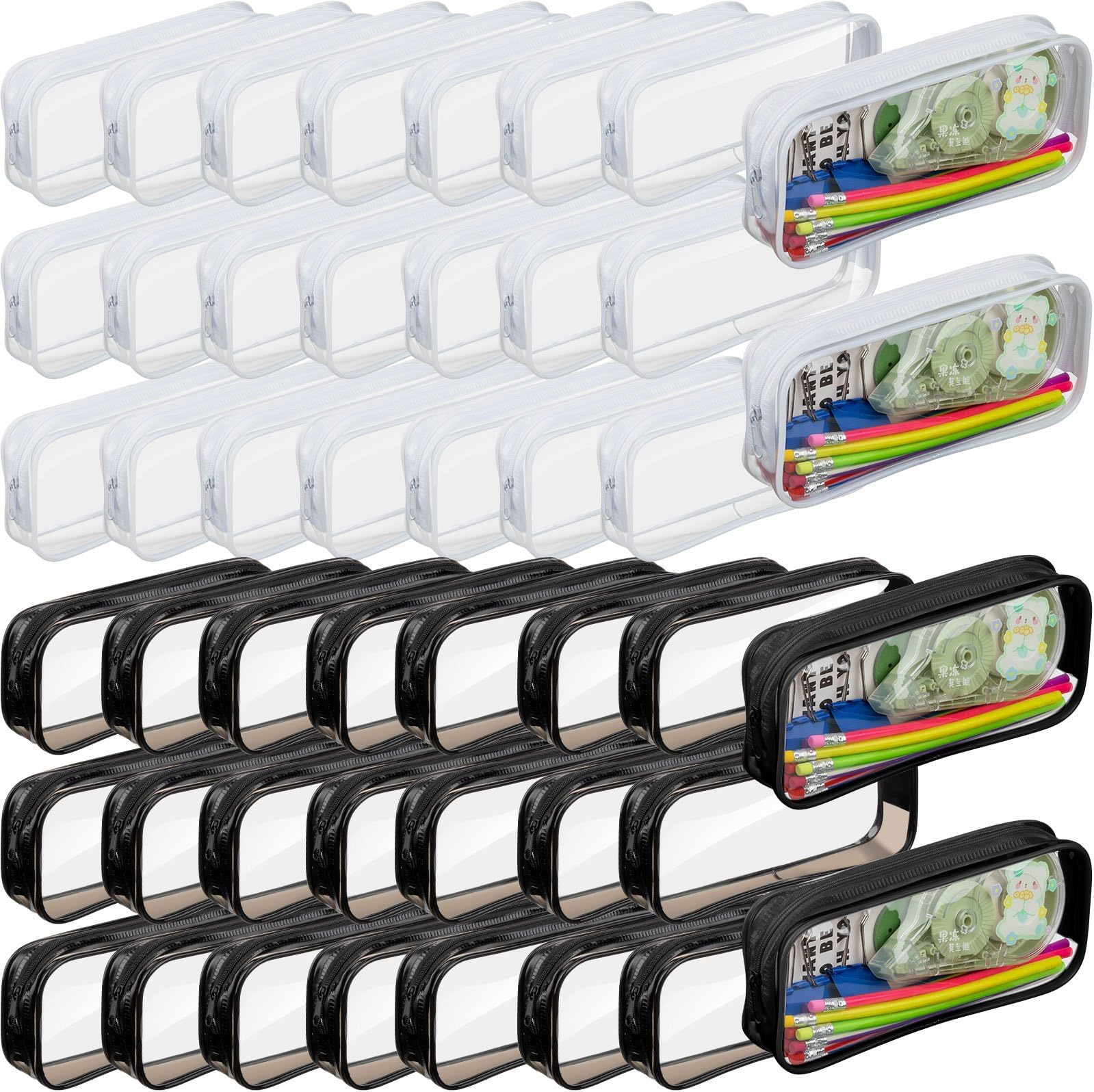 Fainne 50 Pcs Clear Pencil Pouch Bulk Clear Pencil Case Bag 7.87x 1.38 Inch PVC Waterproof Travel Toiletry Makeup Zipper Pouches for Office Stationery Travel Storage(Black, White)
