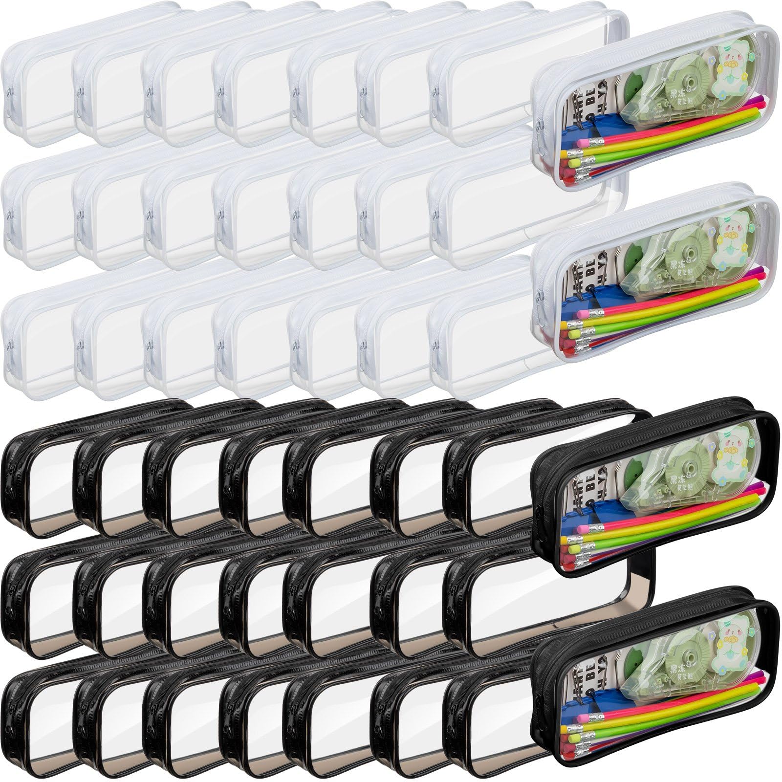 Fainne 50 Pcs Clear Pencil Pouch Bulk Clear Pencil Case Bag 7.87x 1.38 Inch PVC Waterproof Travel Toiletry Makeup Zipper Pouches for Office Stationery Travel Storage(Black, White)
