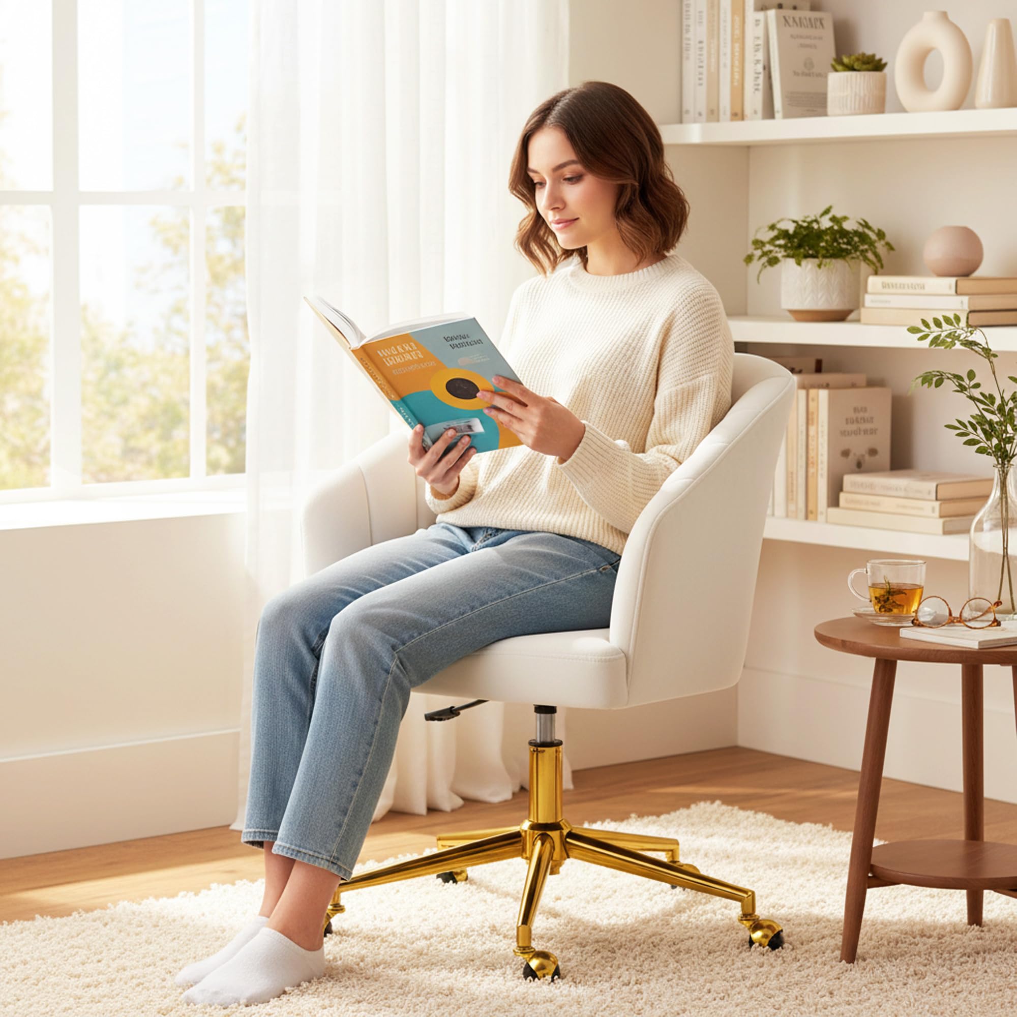 HOMCOM Silla de Oficina con Ruedas, Silla de Escritorio de Terciopel Crema | Respaldo Acolchado con Costuras, Asiento Ancho, Altura Ajustable, Espuma de Alta Resiliencia, para Casa, Oficina