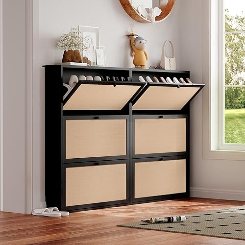 Vista 97 de Armario estrecho de almacenamiento de zapatos con 3 cajones abatibles, armario de madera para zapatos con cajón de puertas de lino, organizador