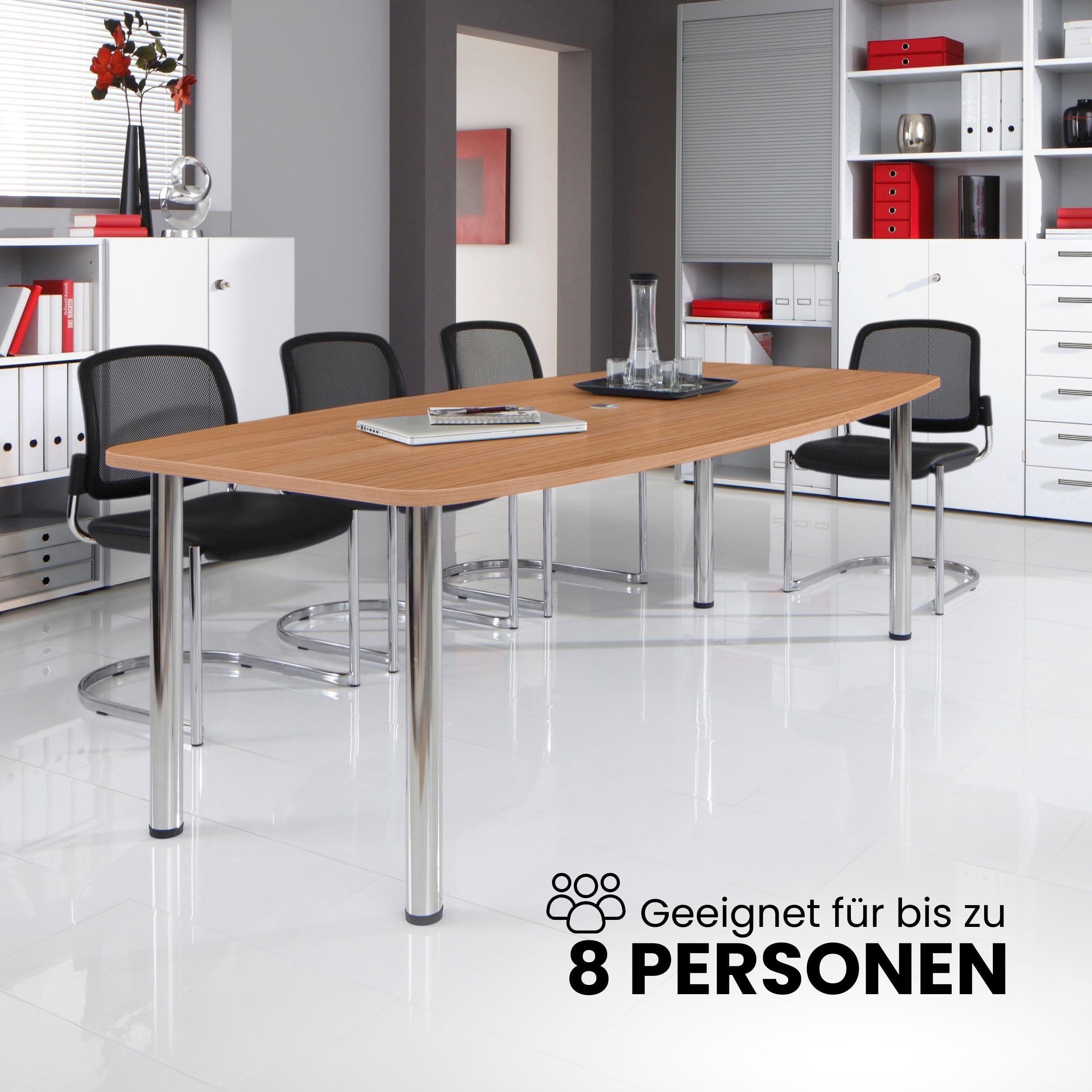 Bümö Konferenztisch oval 220x103 cm großer Besprechungstisch in Ahorn, Besprechungstisch mit Chromfüßen, Meetingtisch für 8 Personen, XXL-Tisch für Besprechungsraum & Meeting