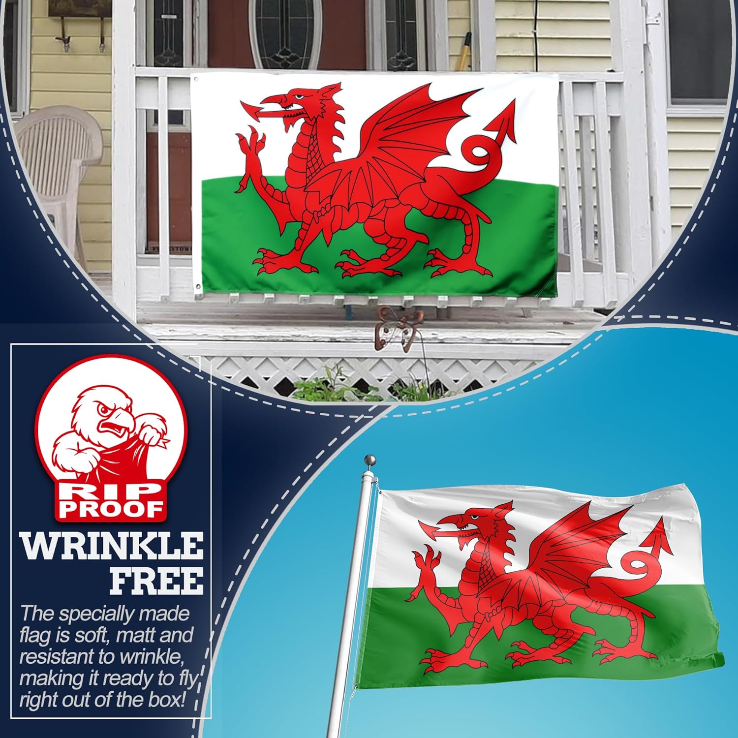 Anley Rip-Proof Double Sided 3-Ply Wales Flag 3x5 Ft - Canvas Header and Wrinkle Resistant - The Strongest Longest Lasting Welsh National Flag 3X5 Ft