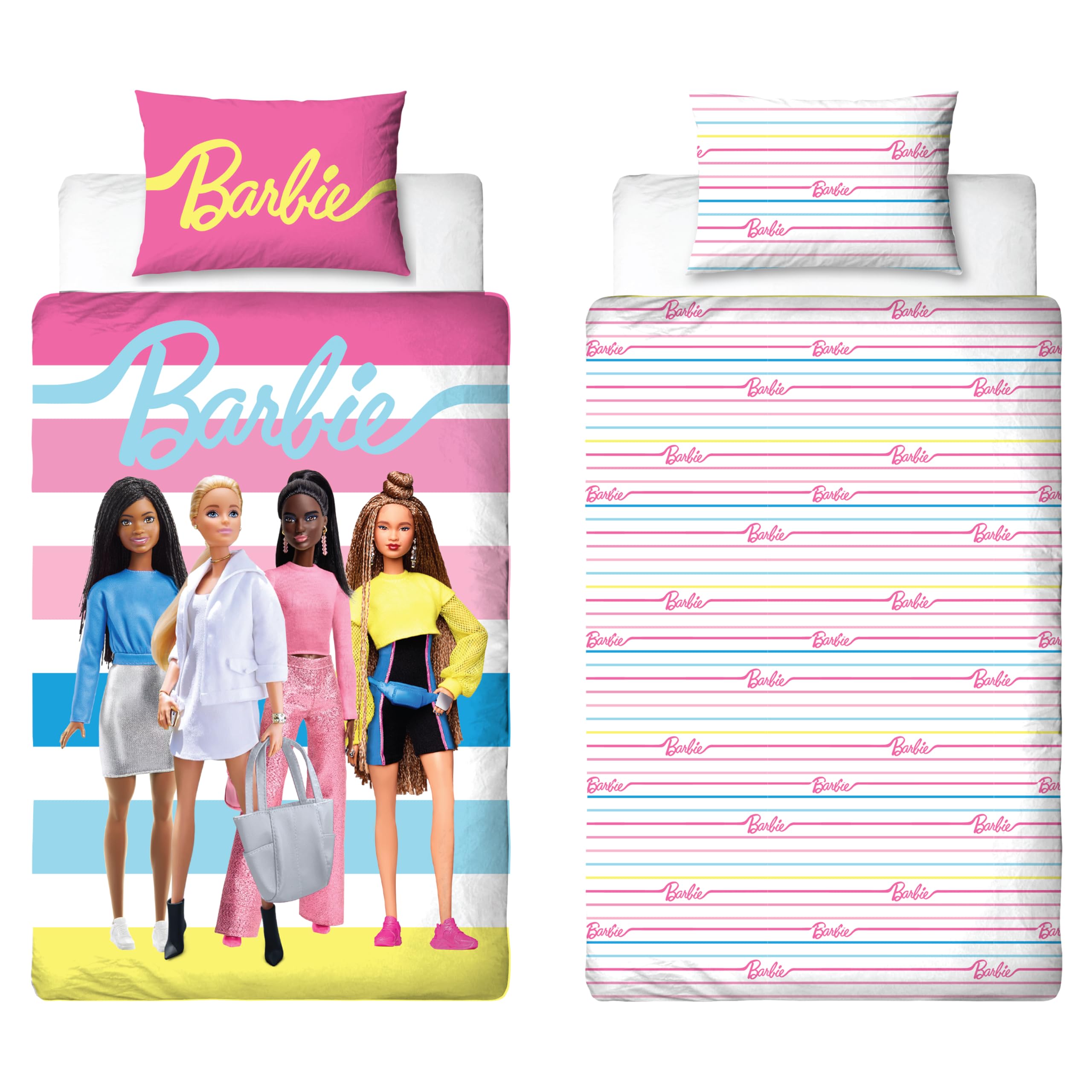 Barbie Official Single Childs Duvet Cover Set | Unboxed Design Reversible 2 Sided Dolls Bedding Including Matching Pillow Case | Pink Single Bed Set | Polycotton