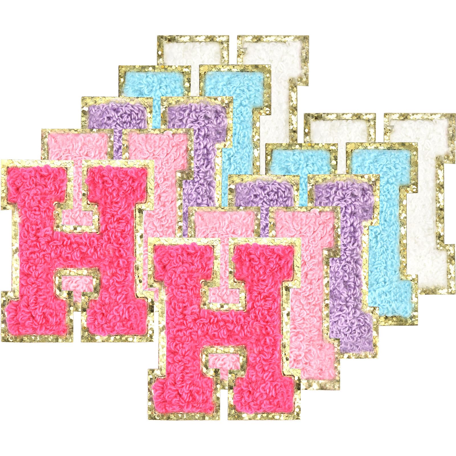 10Pcs Self Adhesive Chenille Letter Patches Iron on Varsity Preppy Letter Patches Stick on Glitter Fuzzy Letters for Clothing Bag Laptop Phone Case（H）