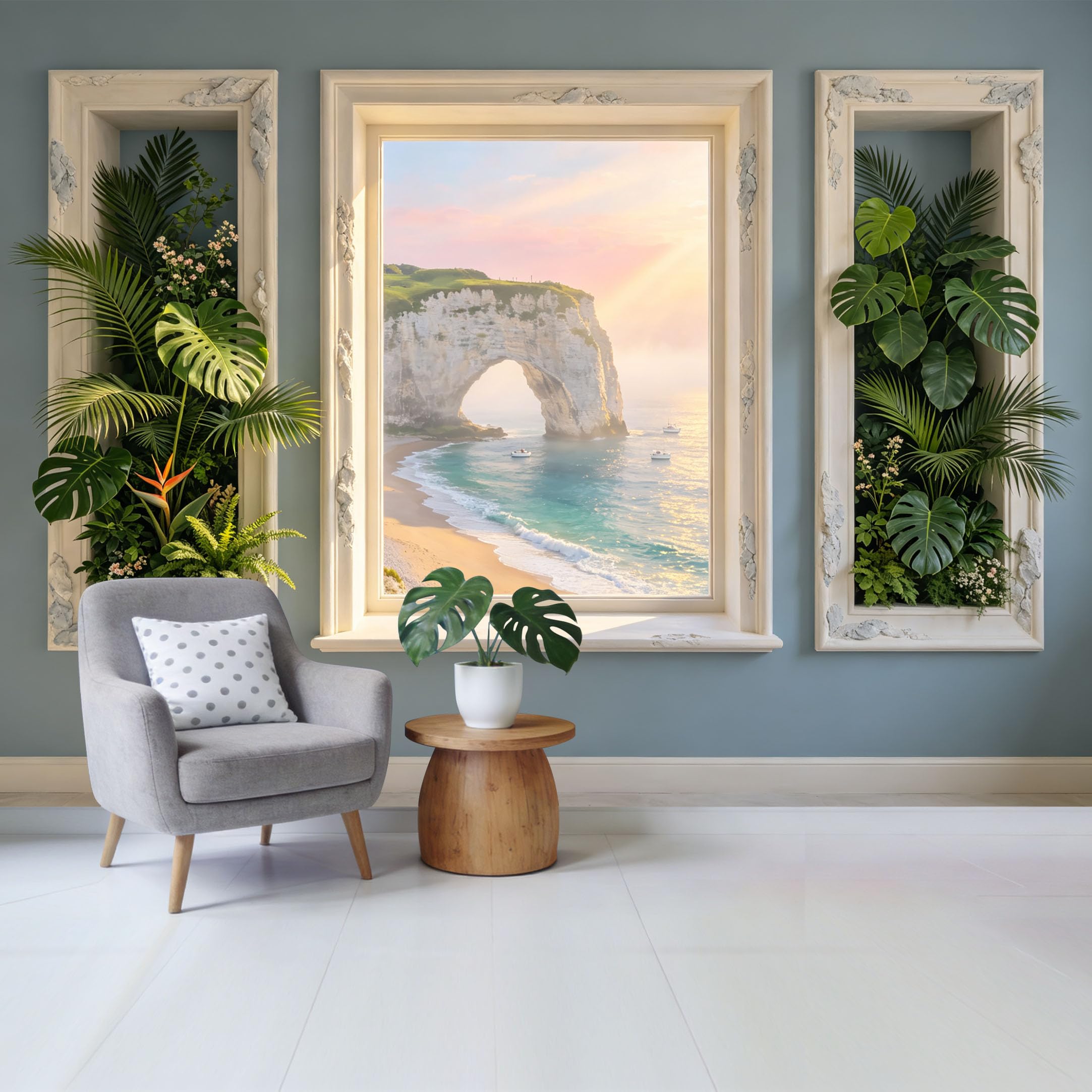 Custom Size Wall Mural Coastal Ocean Cliff Sunrise View with Tropical Greenery Removable Self Adhesive Fabric Home Wall Decor for Living Room Bedroom Bathroom