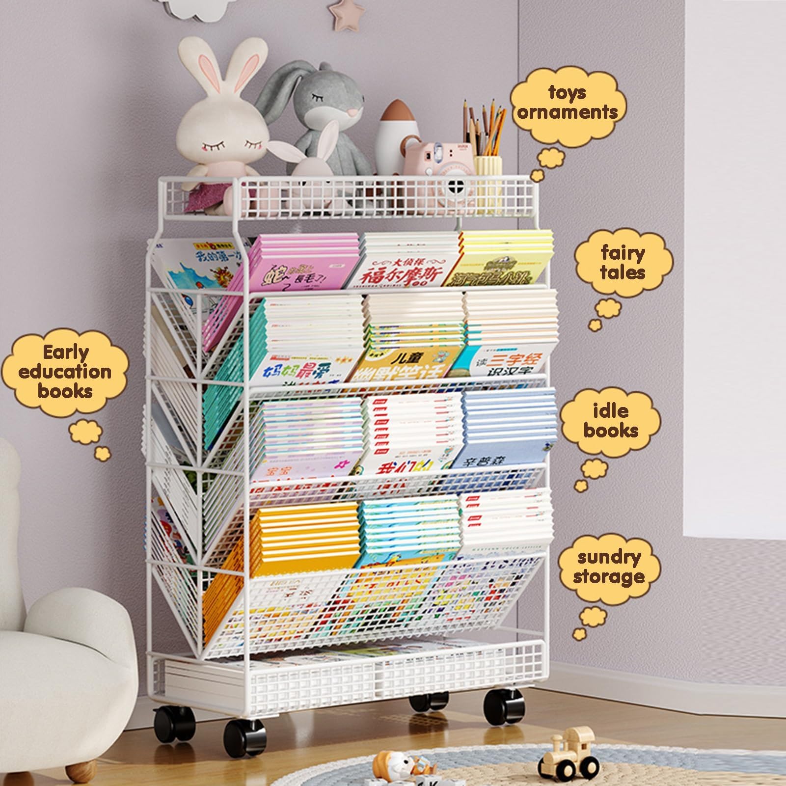 Carro para Archivos con Ruedas de 6 Niveles, estantería móvil, Carro utilitario con Ruedas de Metal, Resistente para Oficina, Dormitorio, Aula, Biblioteca, Sala de Estar, Negro