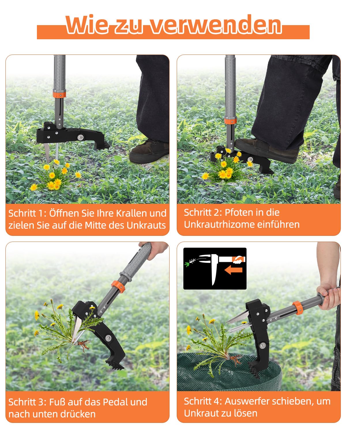 HAUSPROFI Extractor Malas Hierbas (Longitud de 91 cm a 117 cm), Bolsa de Jardinería de 50 litros, 4 Dientes de Rastrillo, Diseño de Retorno Automático, para el Mantenimiento del Césped