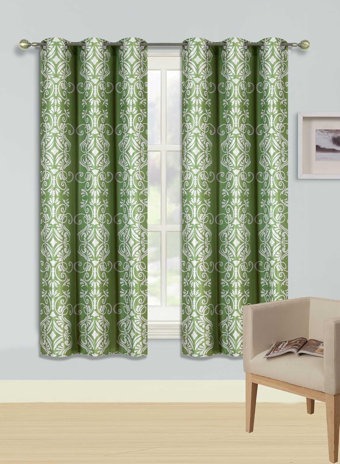 GorgeousHomeLinen (F'S) 1 Panel 2 Tone Printed Design Room Darkening Thermal Blackout Window Curtain 63" or 84" Long, 3 Different Designs (63" Length, Vera-Green)