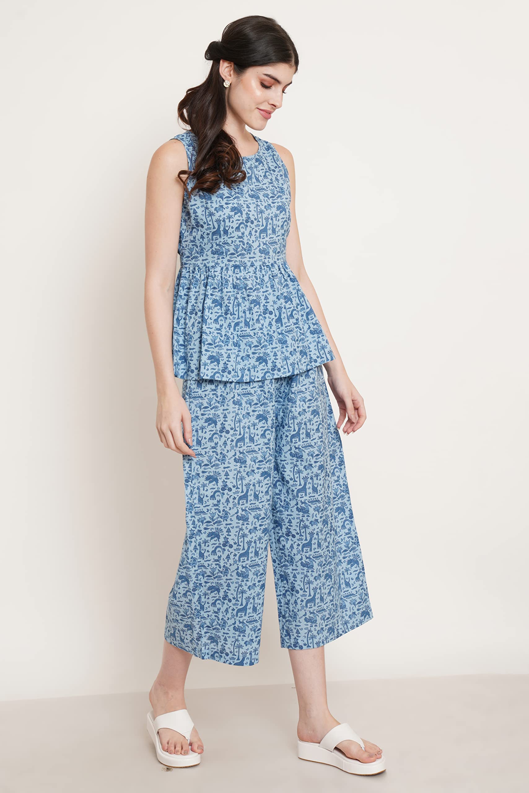 COTLAND Fashions Breathable Cotton Printed Sleeveless Peplum Top with Pants Co-Ord Set for Women (Dino Blue) 1