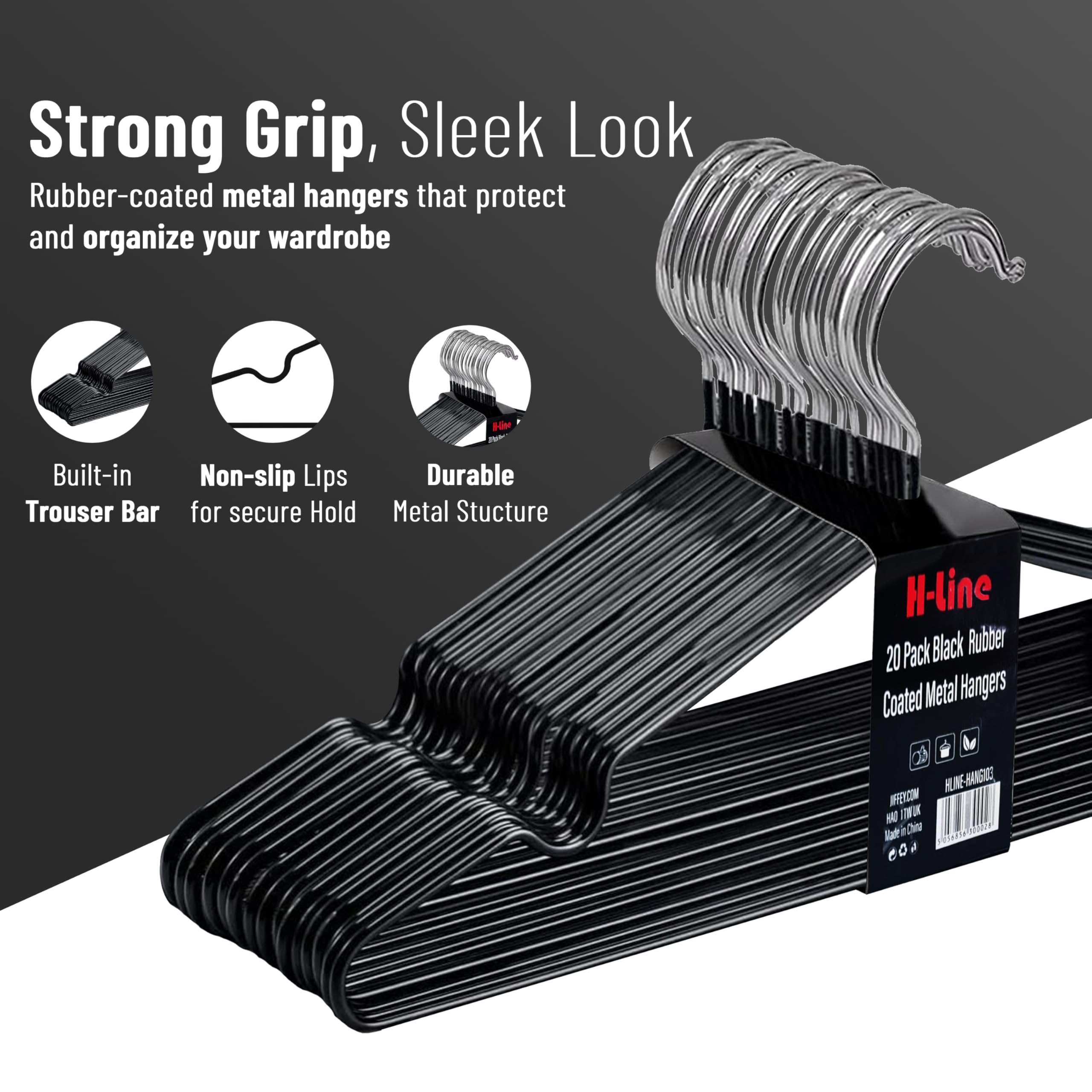 H-line Metal Hangers (20) Rubber Coated Heavy Duty Strong Clothes Space Saving Organiser Hangers For Wardrobes Coat Rack Rails & Closet Thin and Non-Slip Clothing Hanger (Black-20 Pack) - Image 3