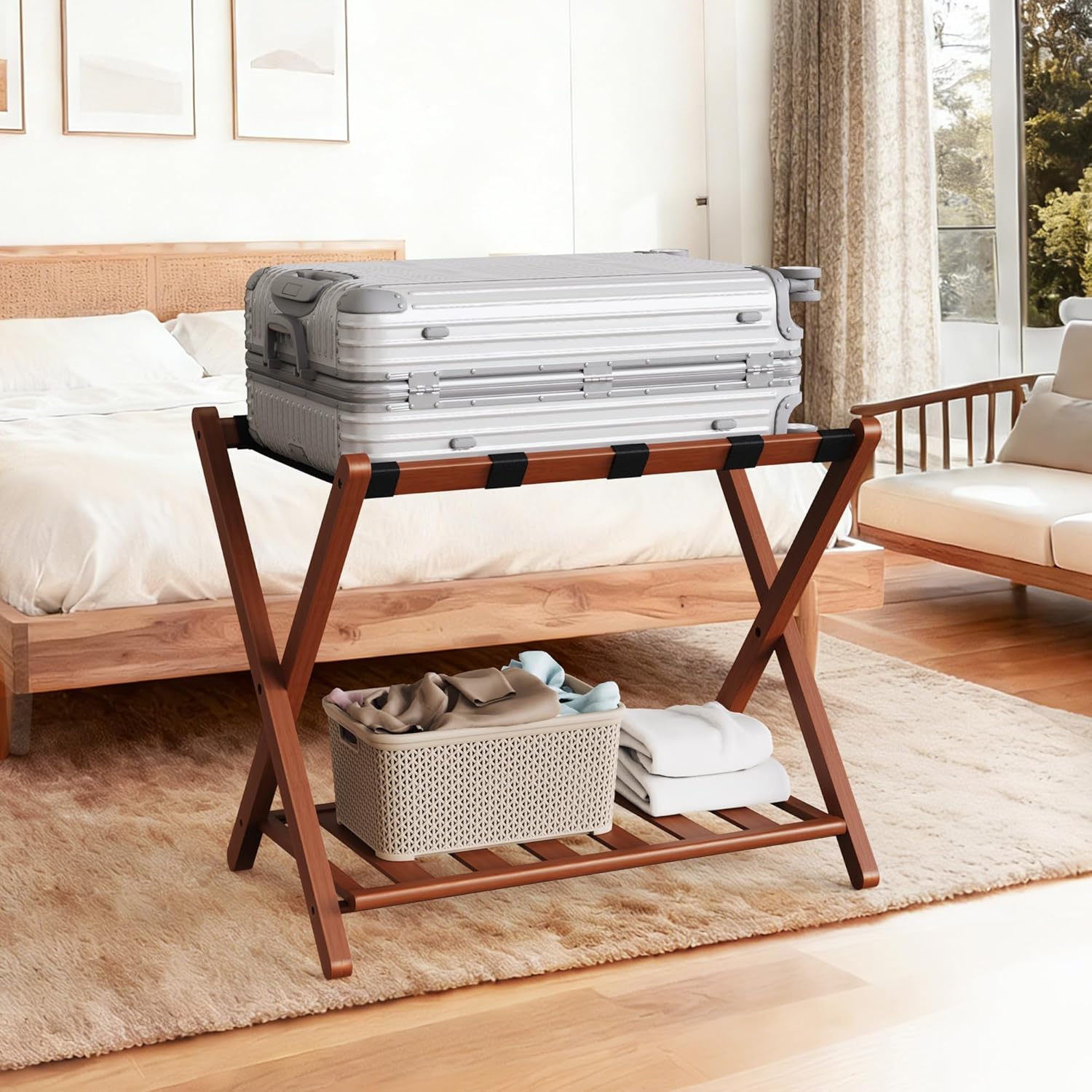 26.77"L Luggage Rack, Walnut Luggage Rack for Guest Room, Bamboo Folding Suitcase Stand with Storage Shelf, 5 Nylon Straps, Heavy Duty Luggage Holder for Bedroom Hotel, 1 Pack, Gift Box Packaging