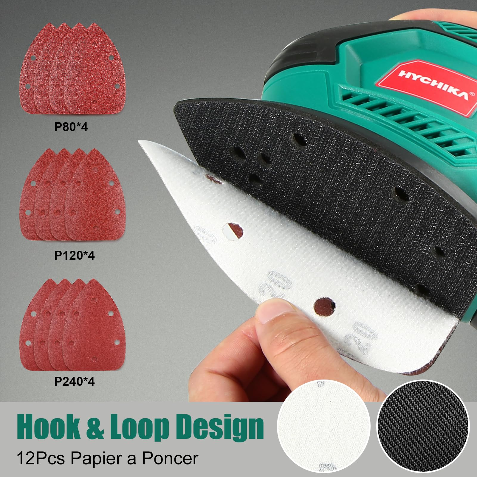 HYCHIKA Ponceuse Bois, 200W 14000RPM Ponceuse Electrique avec 12pcs Papier de Verre& Collecte de Poussière, Idéale pour Angles et Bords, Métal et Bois