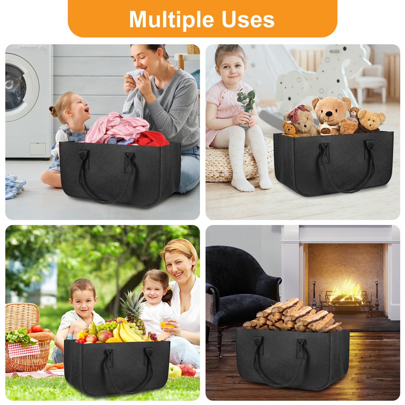 AiQInu Cesta de fieltro Cesta de leña, Plegable Cesta de Fieltro, 50x25x25cm Bolsa de Fieltro para Almacenar Leña de Chimenea y Más para Transportar Madera, Guardar Juguetes, Madera, Periódicos