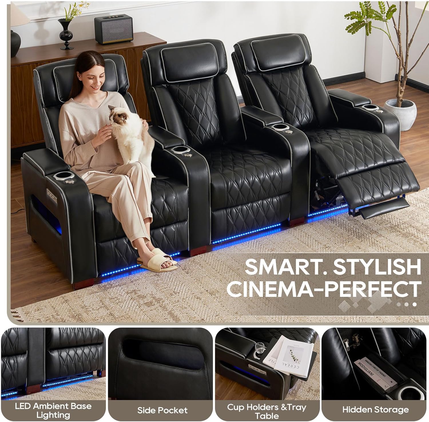 Luxury Home Theater Seating – Power Recliner with Adjustable Headrests, Blue LED Ambient Lighting, Tray Table, USB & Type-C Charging (Black, 3 Seat)