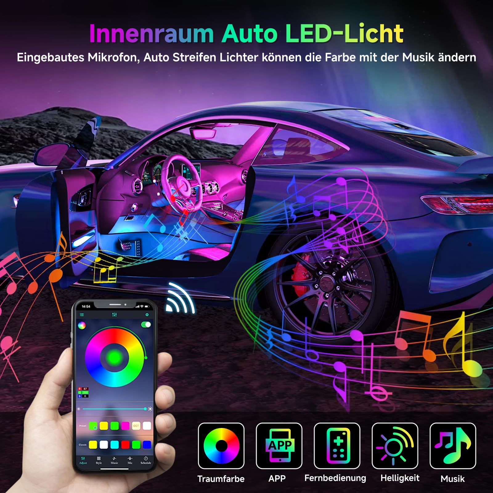 Acryl 6 IN 1 Auto Ambientebeleuchtung, RGB LED Auto Innenbeleuchtung Strip Lights 445cm 584 LEDs Innenbeleuchtung Streifen mit 16 Millionen Farben, 240＋Dynamische, App+Fernbedie