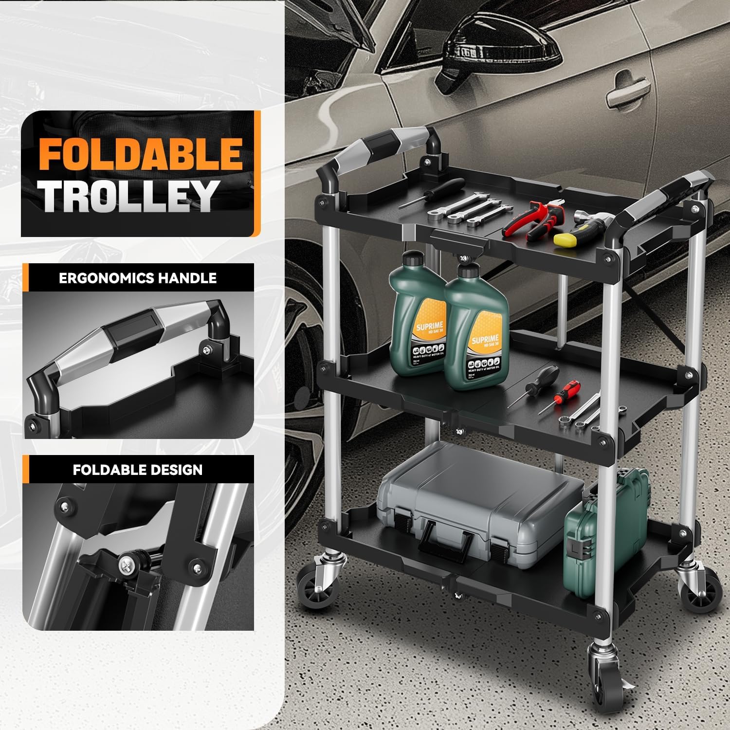Auto Dynasty 3-Tier Folding Utility Cart with Wheels Lockable, 265LB Heavy Duty Collapsible Service Cart Foldable Rolling Carts for Home, Garage, Warehouses, Restaurants, Workshops