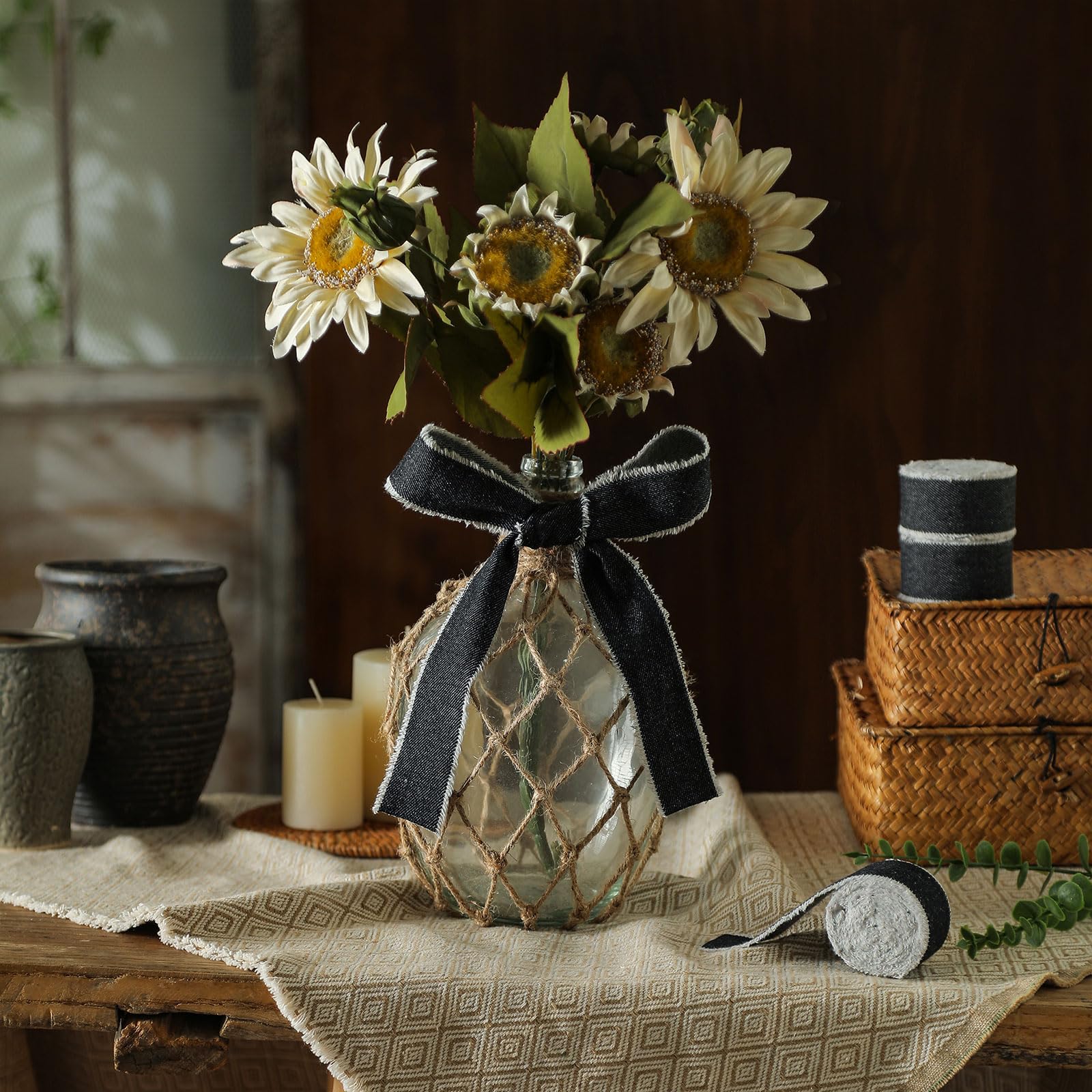 Pretty Jolly Black Denim Ribbon for Gift Wrapping Handmade Rustic Frayed Cotton Fabric Ribbon for Flower Bouquet Total 15 Yards 1 1/2 Inch Ribbons for Crafts Hair Wedding Invitation Holiday Decor - Image 4