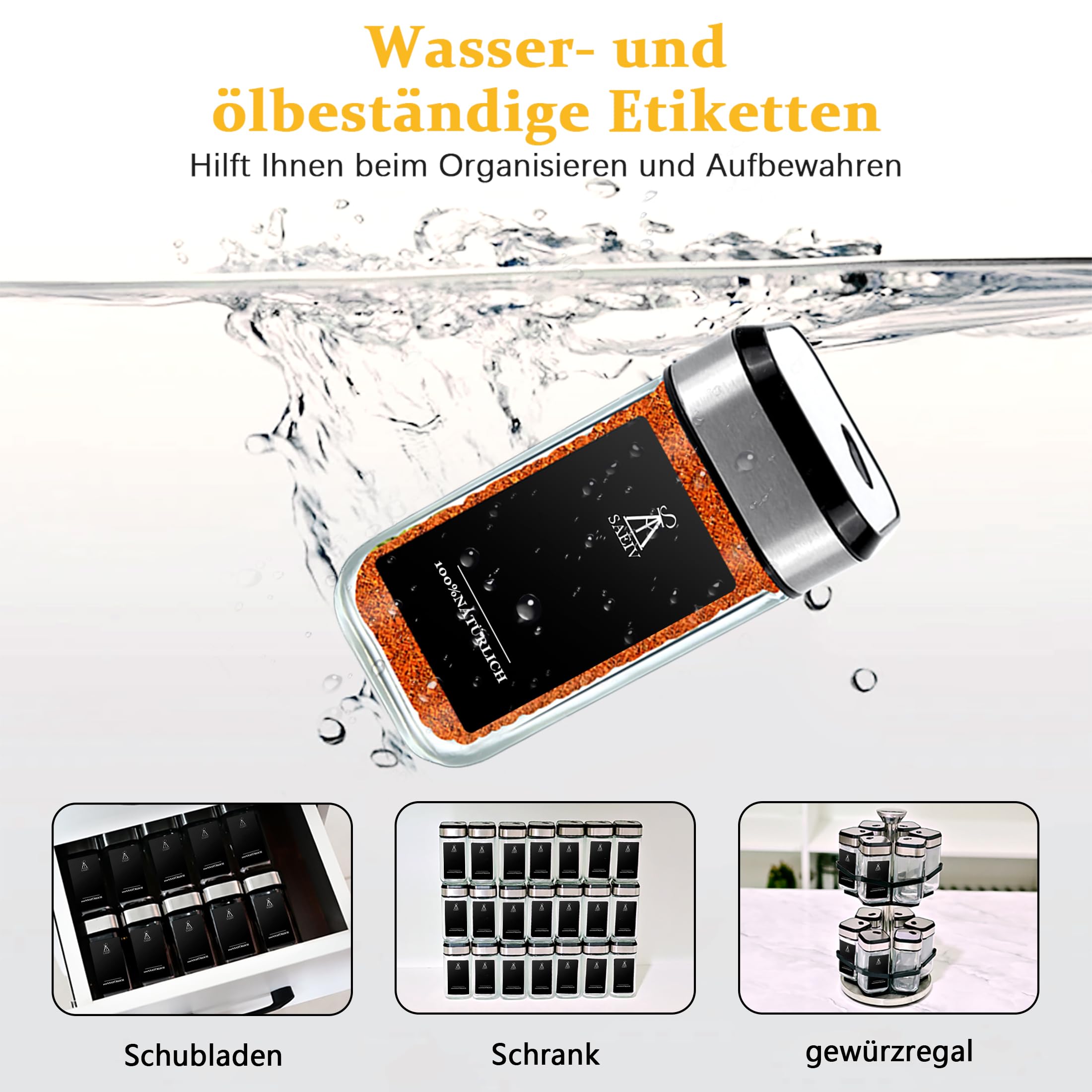 360° Rotation Gewürzgläser Eckig Set | Drei Kaliber, frei einstellbar | 12 Gewürzdosen Mit Gewürzetiketten | Perfekte Organisation Küche Gewürz Organizer | 120ml Gewürzbehälter Glas