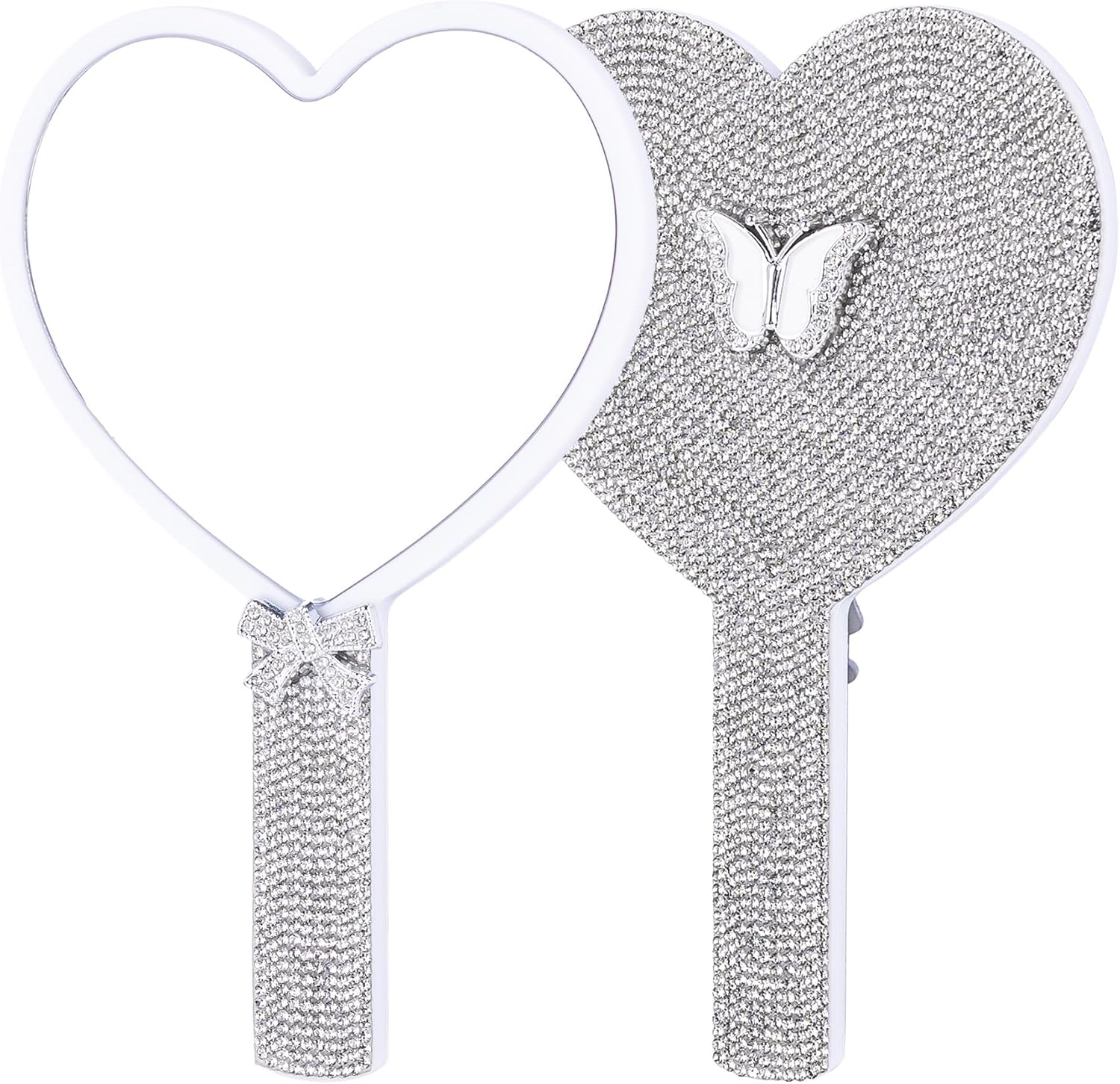 Pink Heart Rhinestone Handheld Mirror with Butterfly Decoration