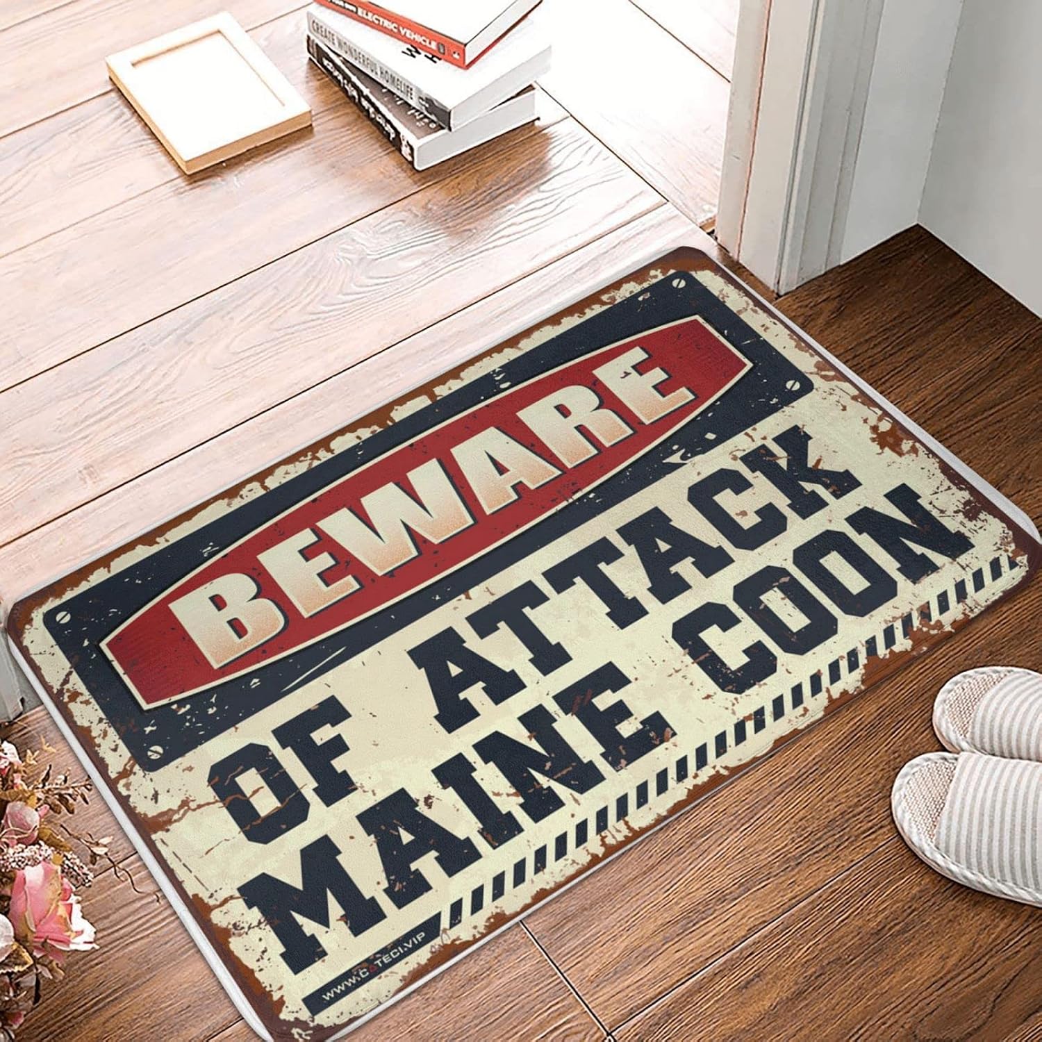 Welcome Mats for Front Door Funny Beware of Attack Maine Coon Doormat Fall Mats Outdoor Room Accessories for Men(65X90CM)