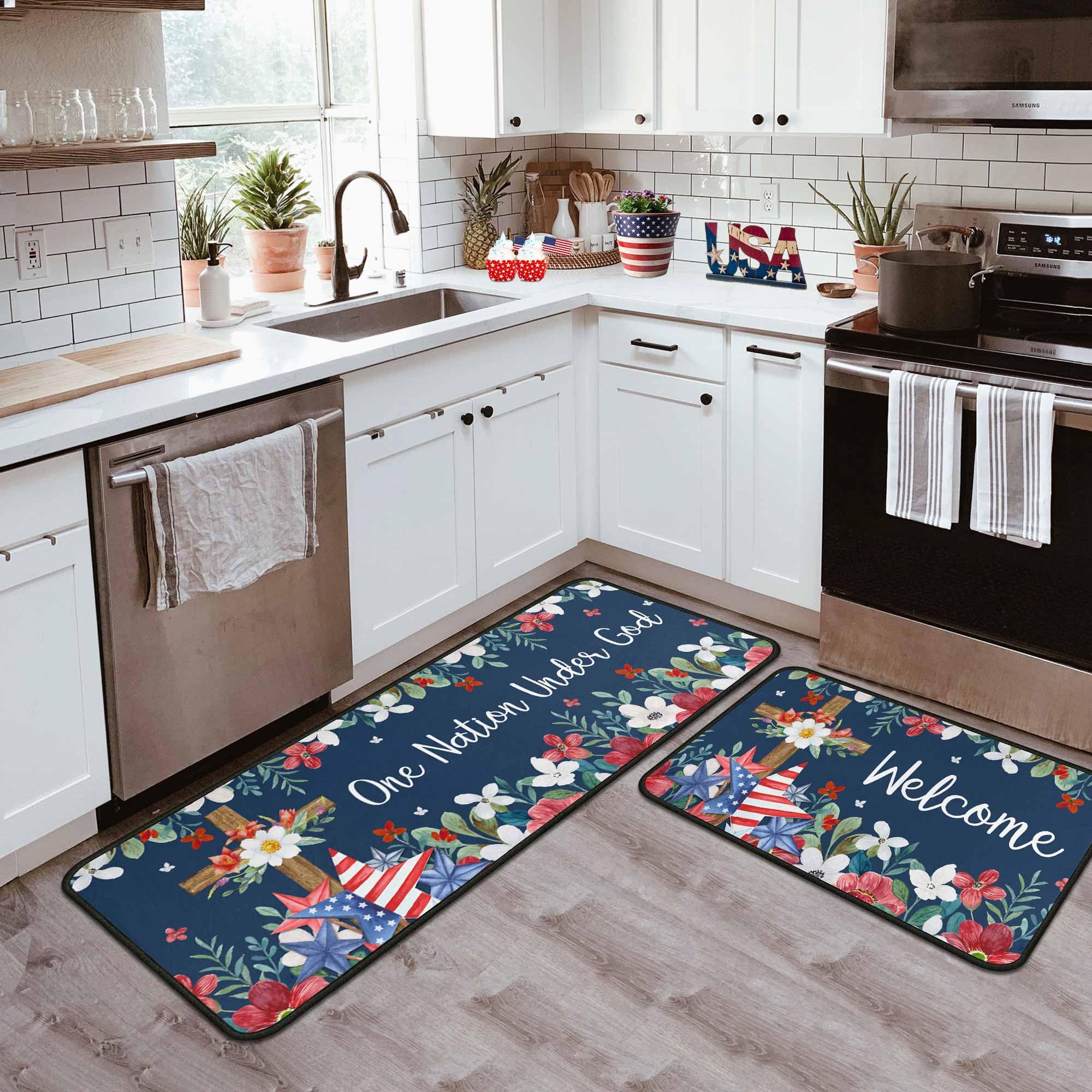 4th of July Kitchen Rugs Set of 2, Patriotic Kitchen Mats for Floor Forth of July Decorations Non Slip Backing Blue American Flag Stars Rug Memorial