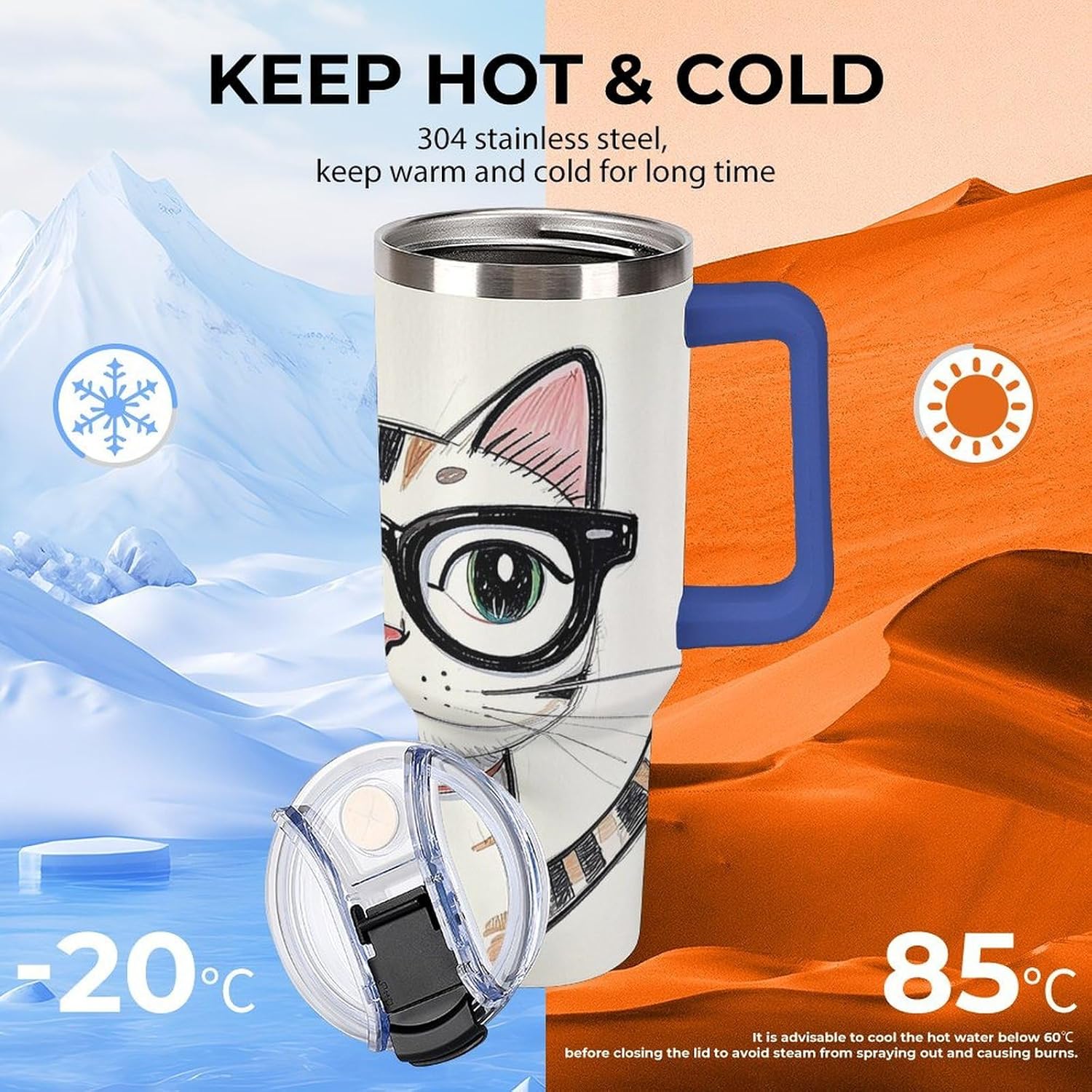 Design Hipster Cat Kitten Glasses Travel Coffee Mug Reusable Durable Stainless Steel Insulated Tumbler with Handle And Straw Leak Resistant Portable Thermal Cup Gifts for Men Women 40 Oz