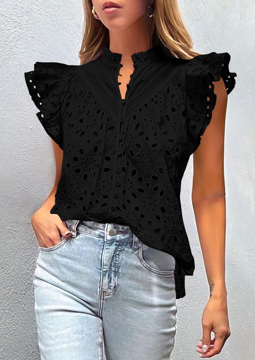 PRETTYGARDEN Womens Summer Tops 2026 Dressy Casual Ruffle Cap Sleeve Button V Neck Embroidered Eyelet Blouses Shirts - Image 3