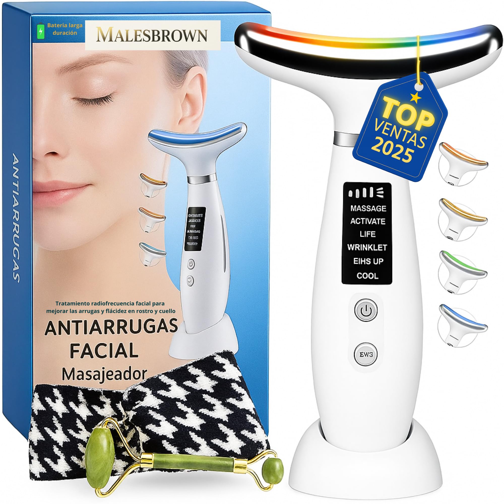 MALESBROWN® Masajeador Facial Electrico Antiarrugas con Luz LED EMS Premium + Regalo Rodillo de Jade y Cinta de Pelo Radiofrecuencia Facial Antiedad Reafirmante Antienvejecimiento rostro y cuello