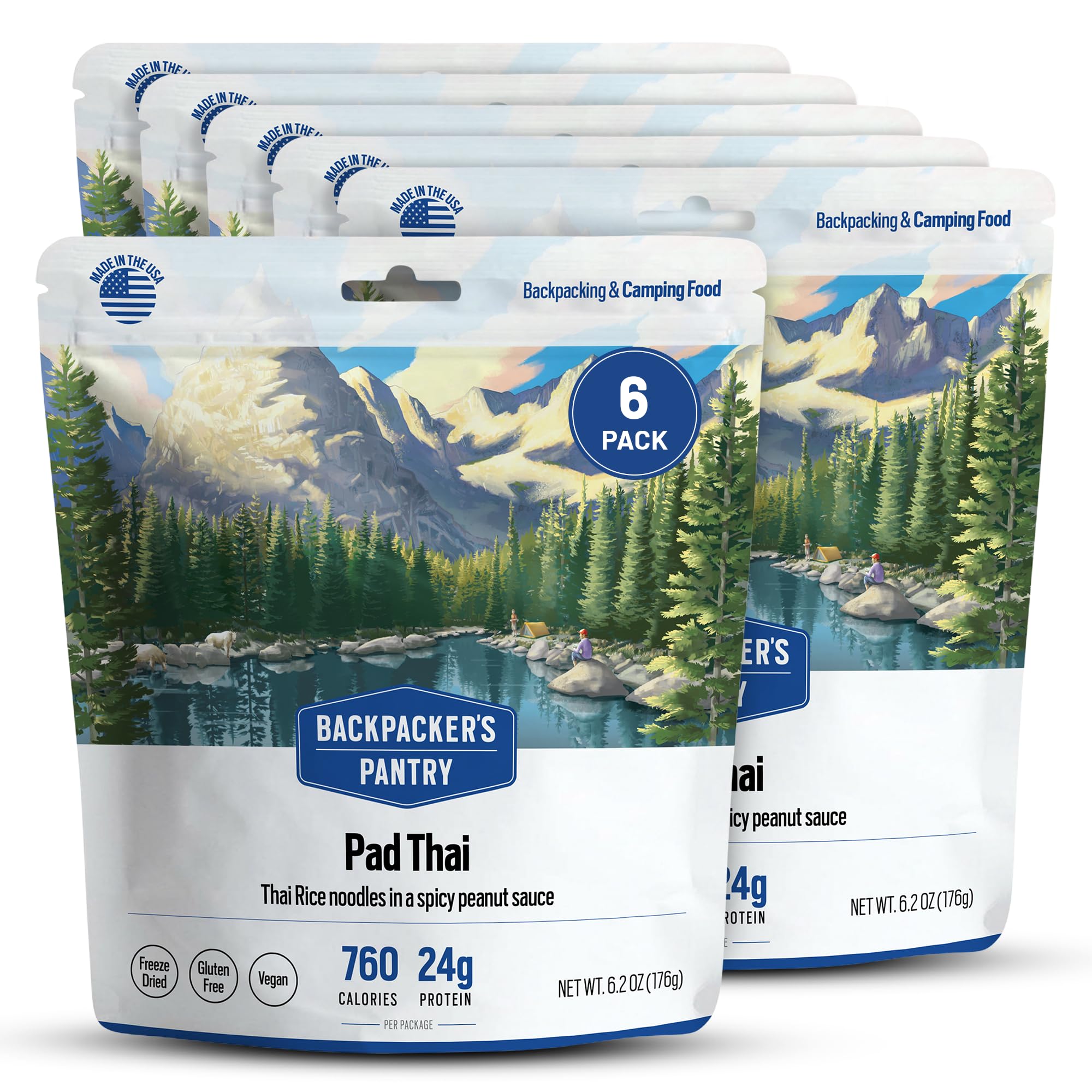 Backpacker's Pantry Pad Thai - Alimento liofilizado para mochileros y campamentos - Alimento de emergencia - 23 gramos de proteínas, vegano, sin gluten - 6 unidades