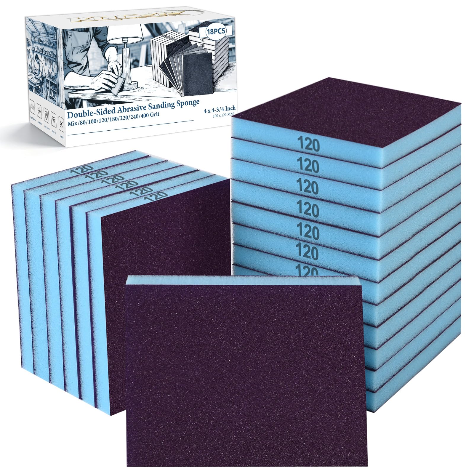 KQCXIK 18 Pack Wet Dry Sanding Sponge Set, 120 Grit Foam Blocks Sandpaper