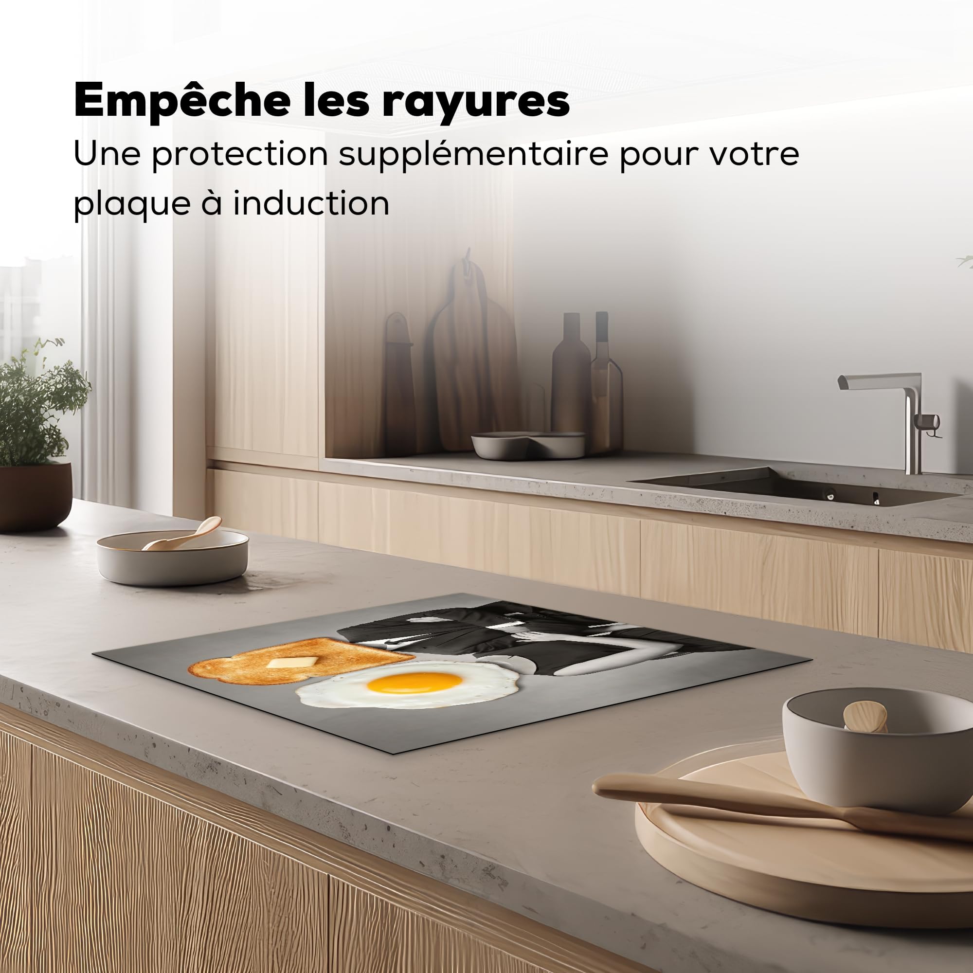 KitchenYeah© Protege Couvre Plaque De Cuisson Décoration Cuisine Tapis Protection Protecteur Induction 59x52 cm Petit-déjeuner - Couple - Œuf - Pain