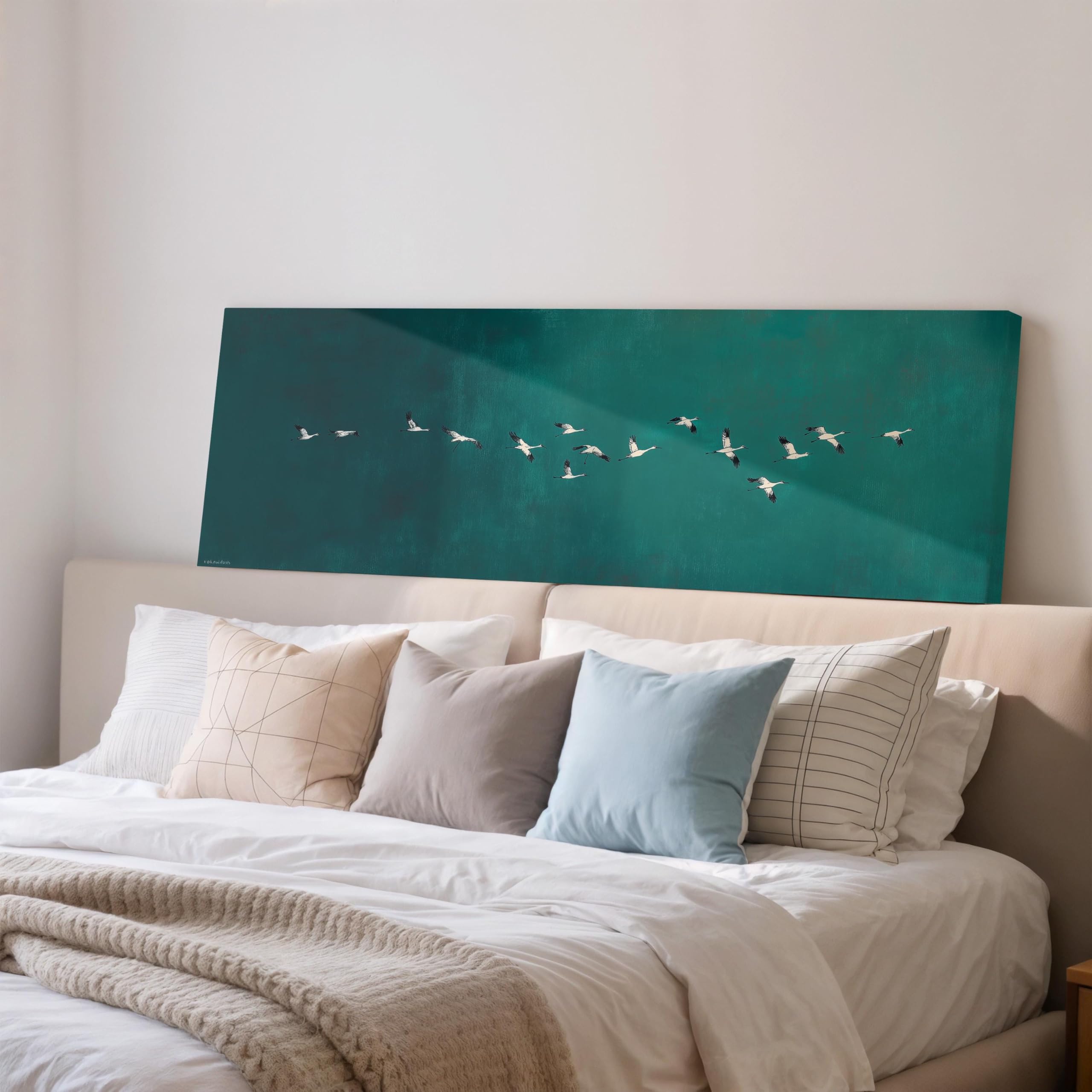 XBTYKPB Flying Birds Canvas Art Wide Panoramic Print Long Narrow Framed Decor Large Teal Japandi Painting, Bedroom Zen Horizontal(65x195cm/Inner Frame)