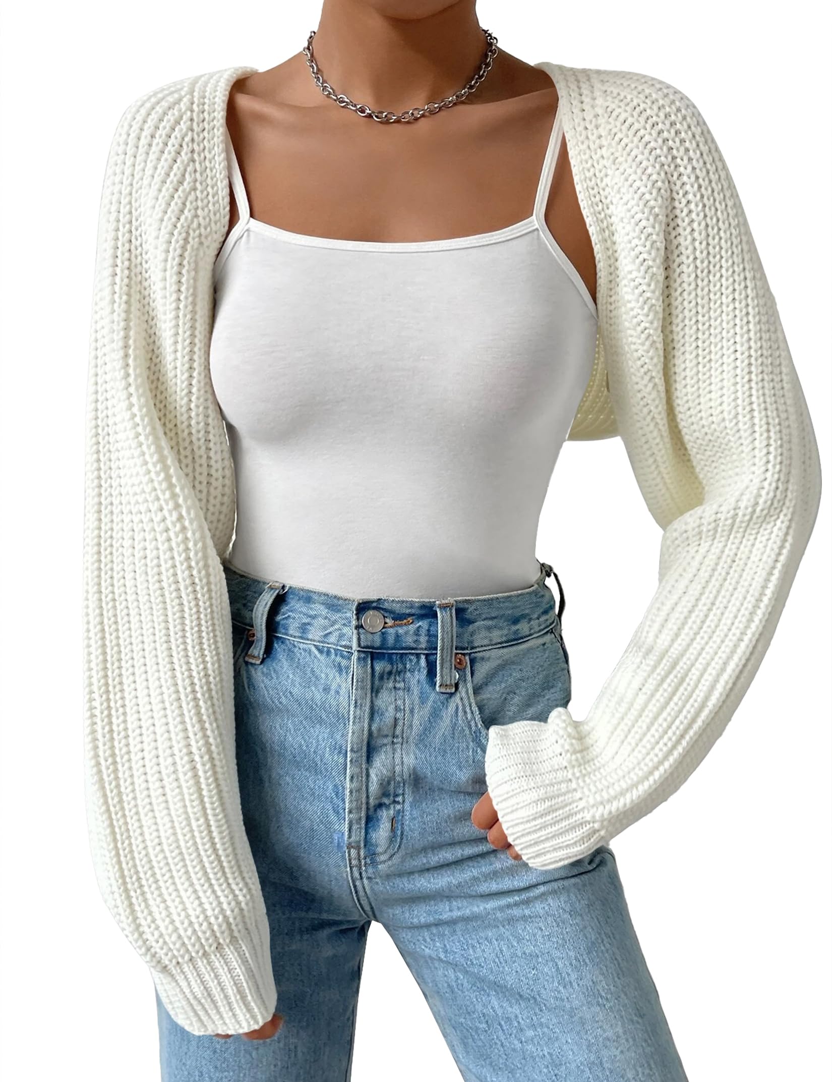 XuBa Bolero Damen Kurz Strickjacke Shrug Strickpullover Cardigan Sweater Langarm Solide Farbe Gerippt Crop Tops